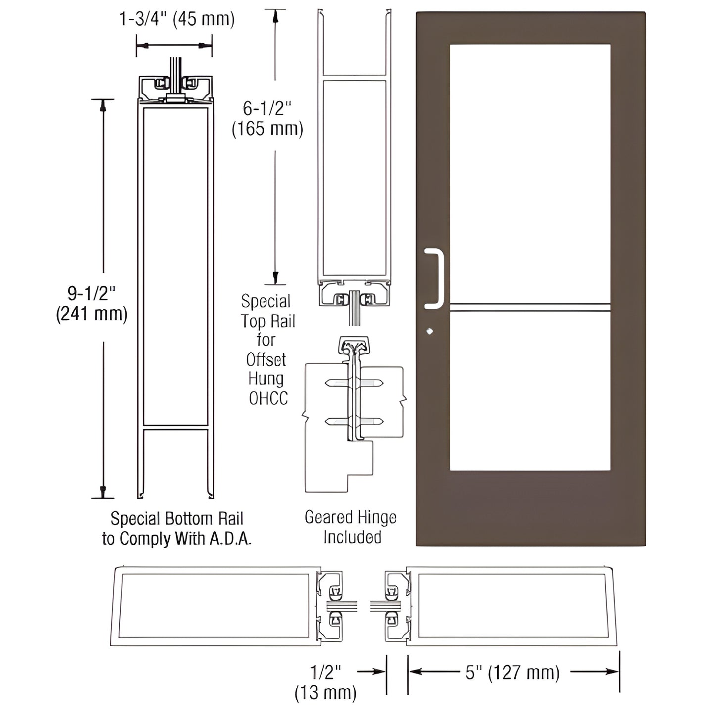 CRL wide-stile entrance door CD51922, black bronze anodized, 5" stiles, ADA 9.5" bottom rail, fits 1/4" tempered glass