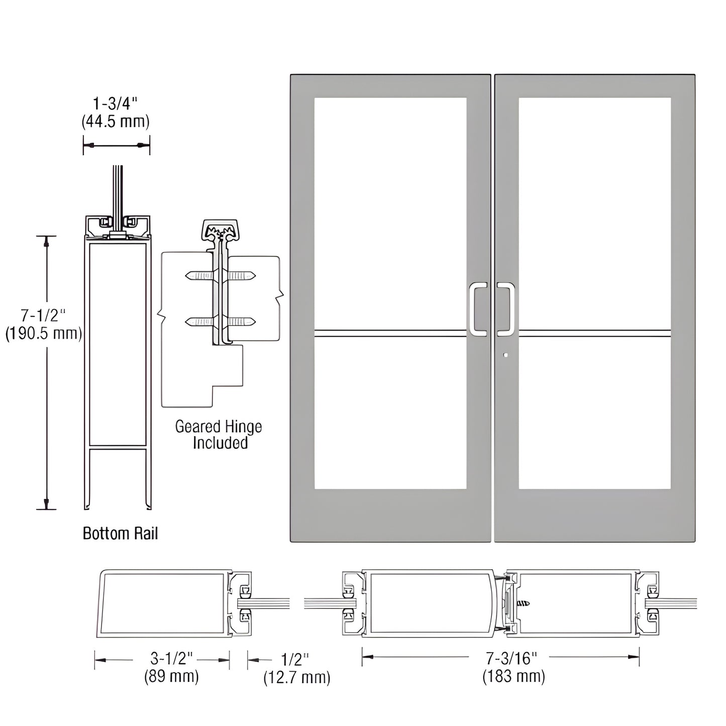 Double medium-stile entrance door, clear anodized, 3-1/2" stiles, 7-1/2" bottom rail, fits 1/4" tempered glass. SKU HE42811