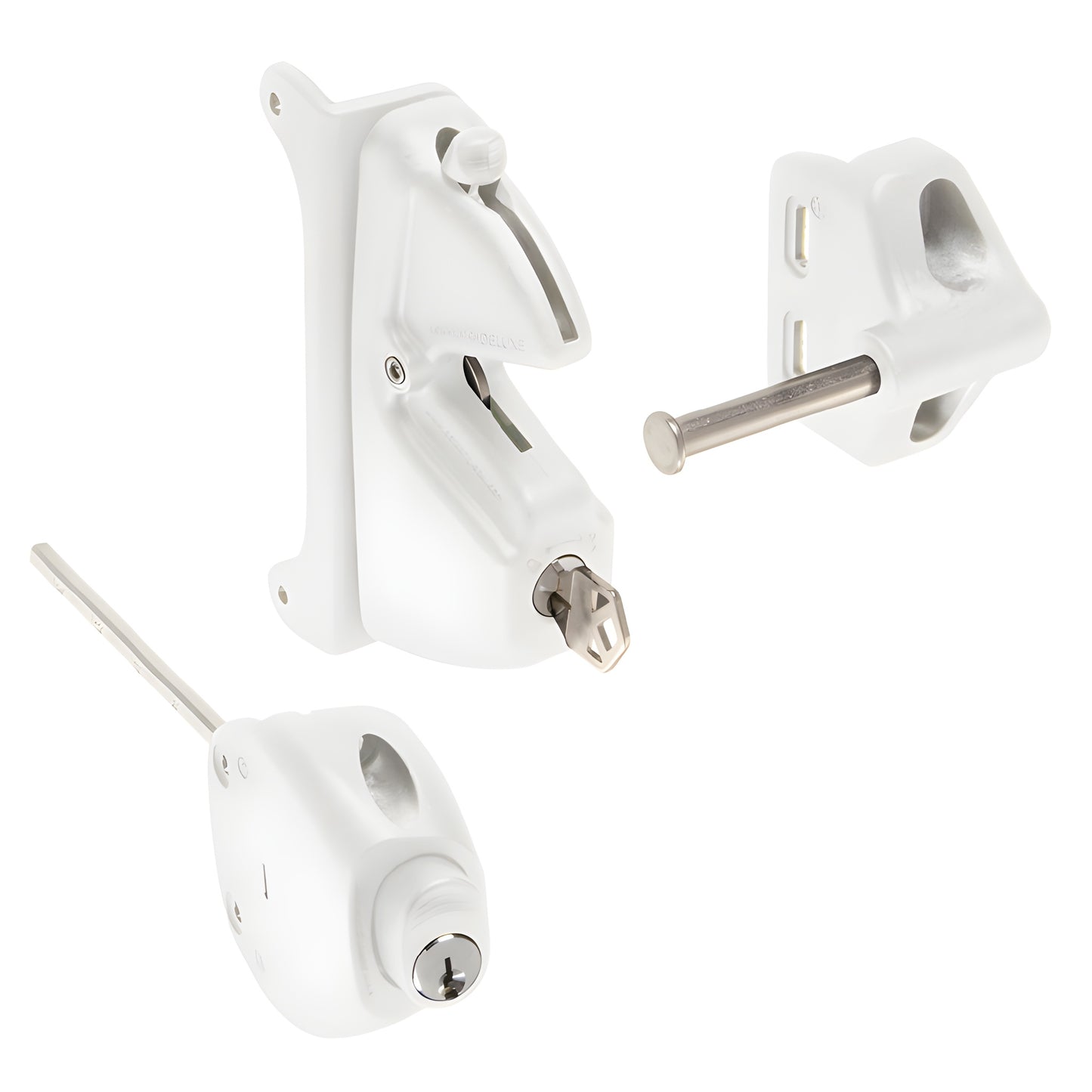 White CRL Lokk-Latch Pro gate latch kit LLP1W - glass-reinforced polymer body, stainless pin and keyed lock