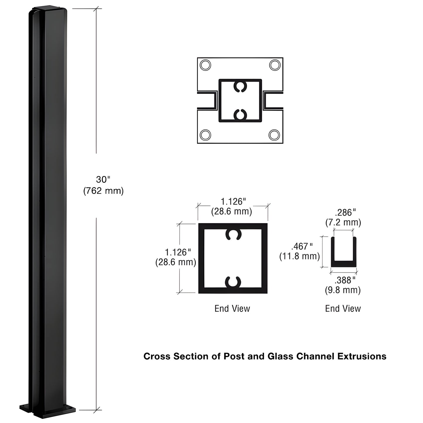 D990BL30C 30" semi-gloss black aluminum center partition post with full-length glazing channels, square tube.