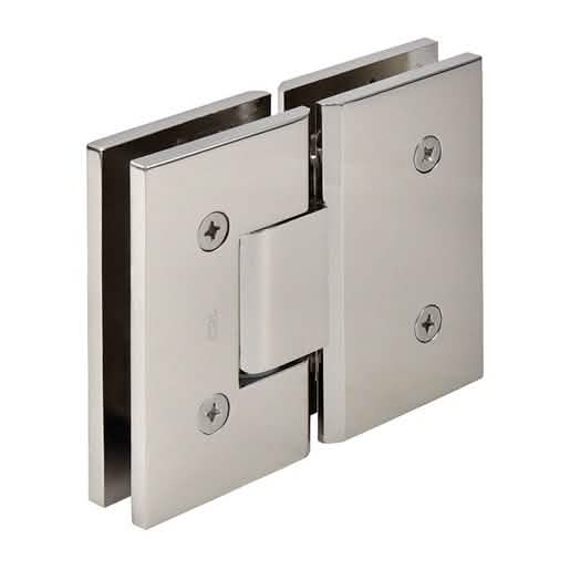 CRL Polished Nickel Victoria 180° Glass-to-Glass Hinge - sleek, durable bathroom hardware.
