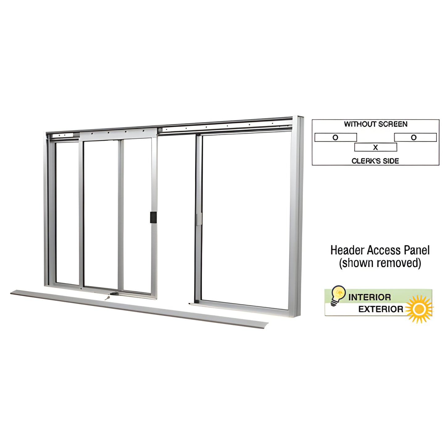 DW2600A three-panel satin anodized sliding service window - center sliding panel, removable header, interior/exterior.
