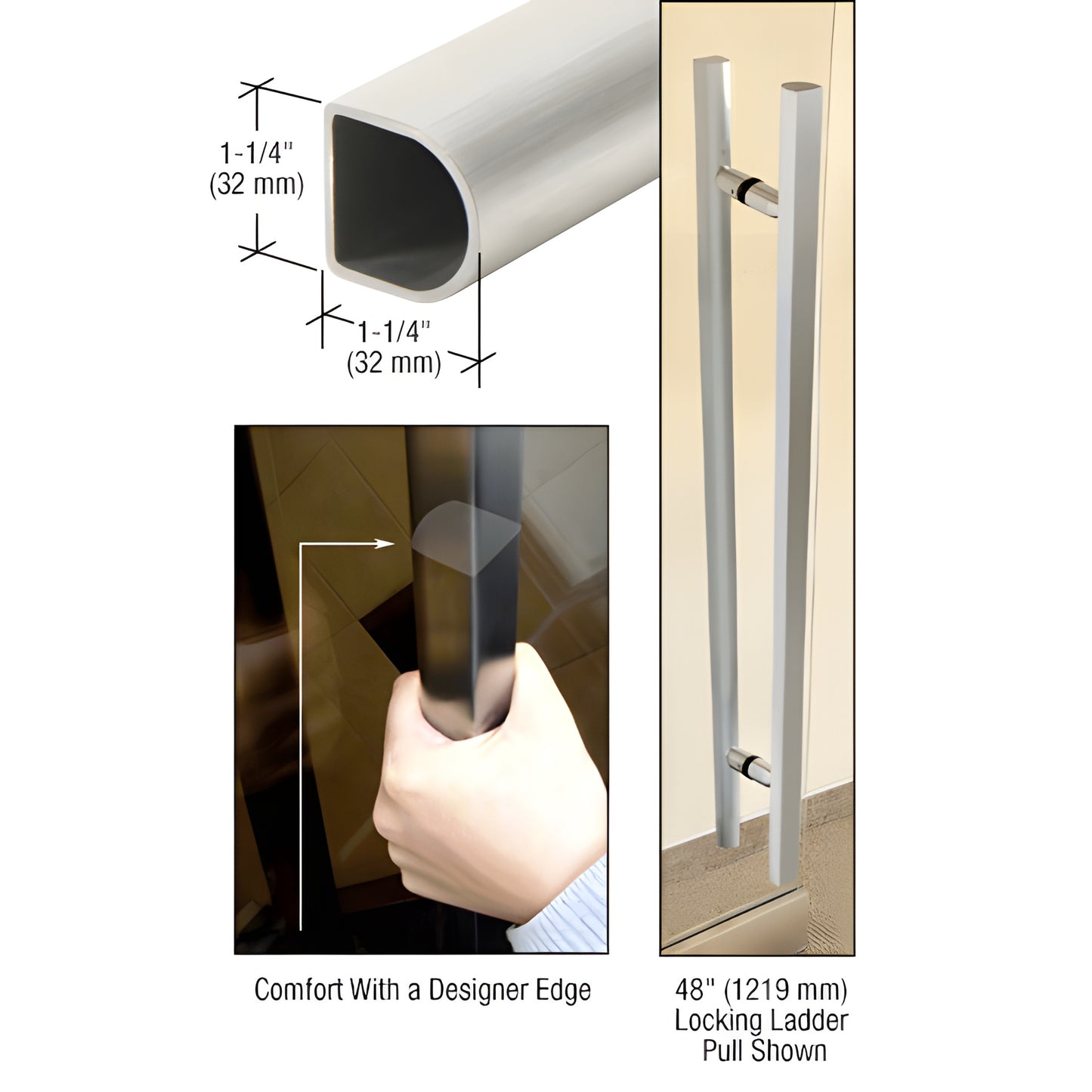 D72LPBS brushed stainless ladder-style door pull, D-shaped 1-1/4" tube for 3/8-3/4" glass; 48" example.
