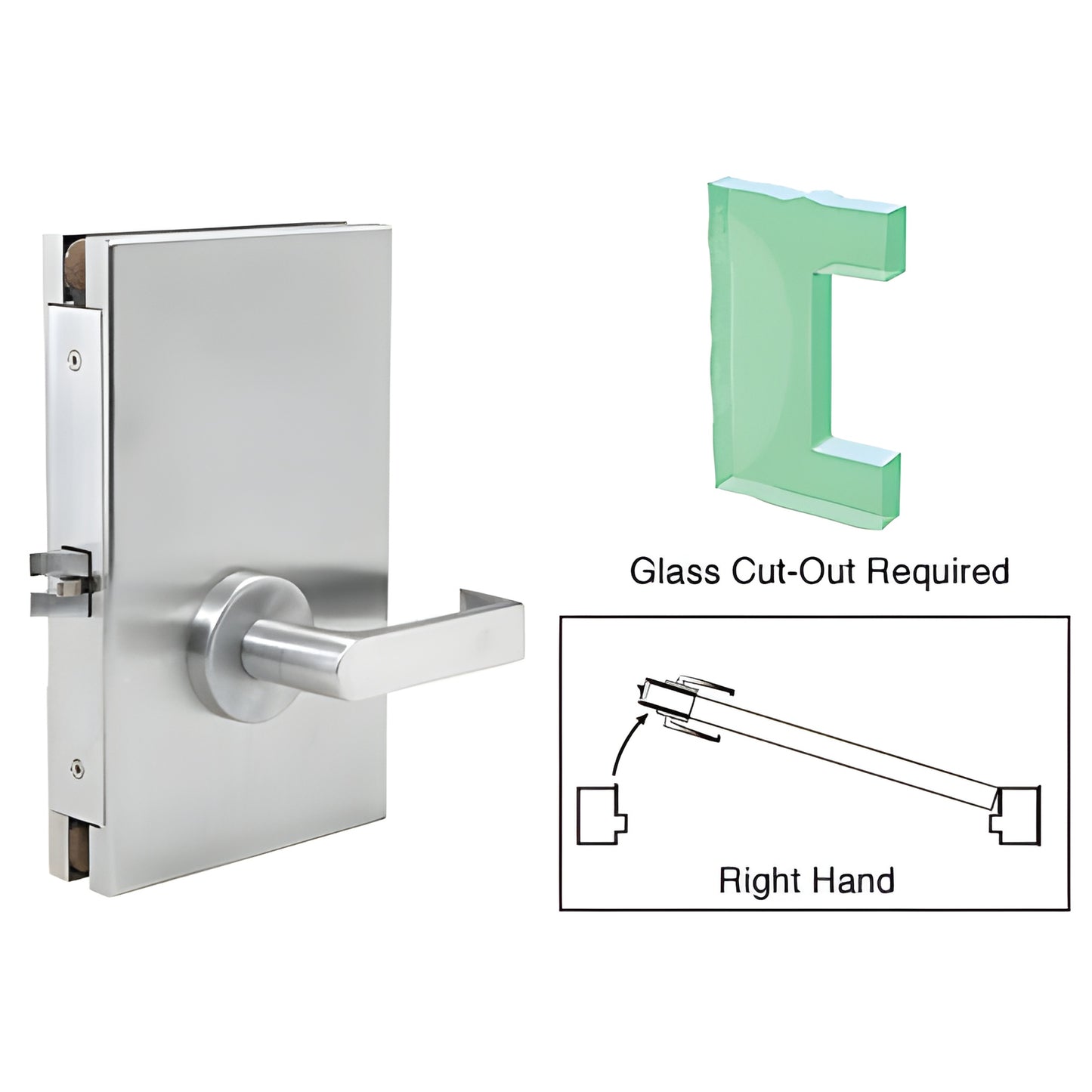 Satin anodized 6x10 center deadlatch for 1/2" tempered glass, left-hand lever (CRL DL610RPSC).