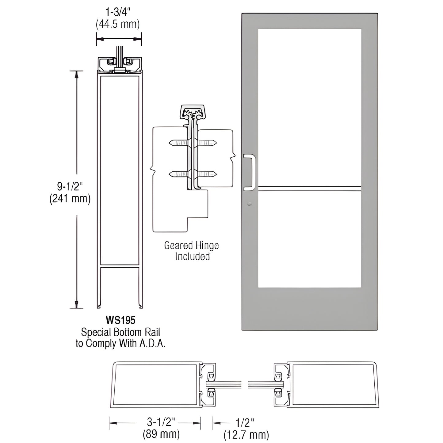 Commercial medium stile entrance door SKU DE41811, clear anodized, 31 2" stiles, 91 2" ADA bottom rail, glass panel, push/pull ha