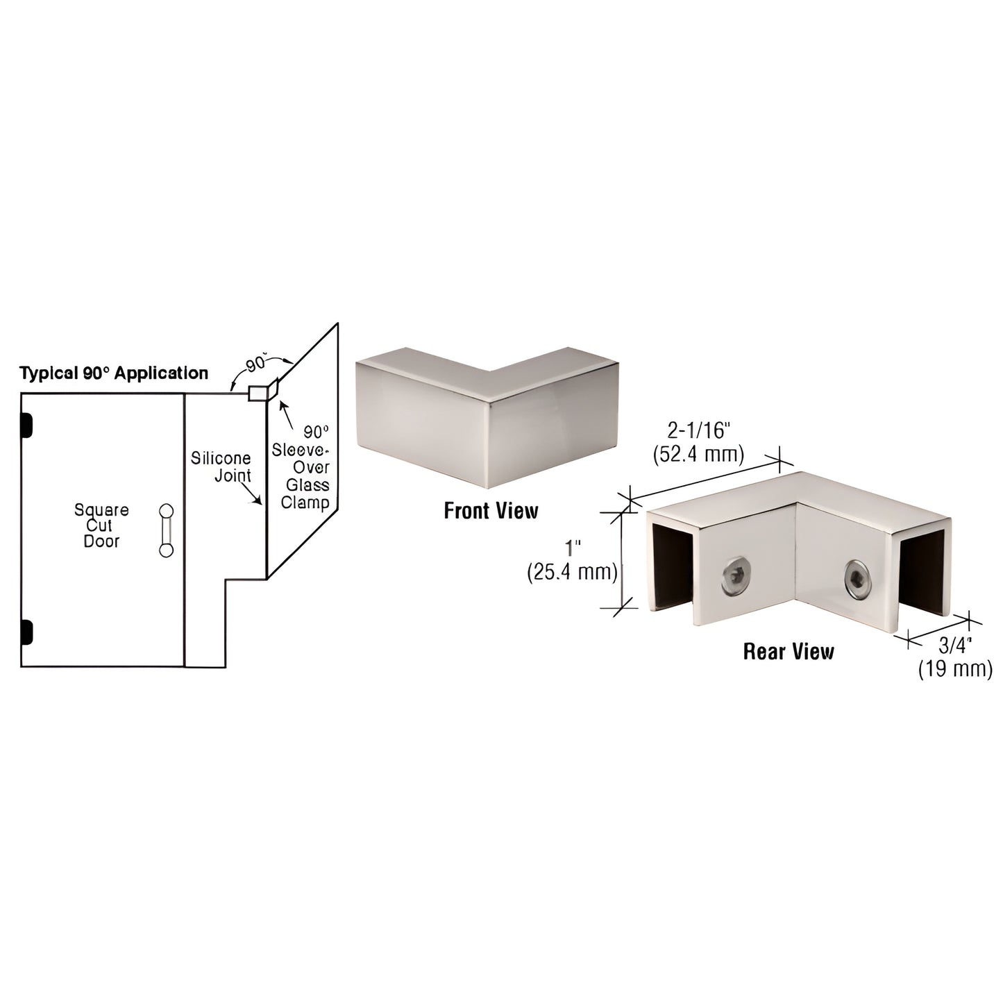 Polished nickel 90 sleeve-over glass clamp, solid brass for 8-12mm tempered glass, SKU S0GC90PN
