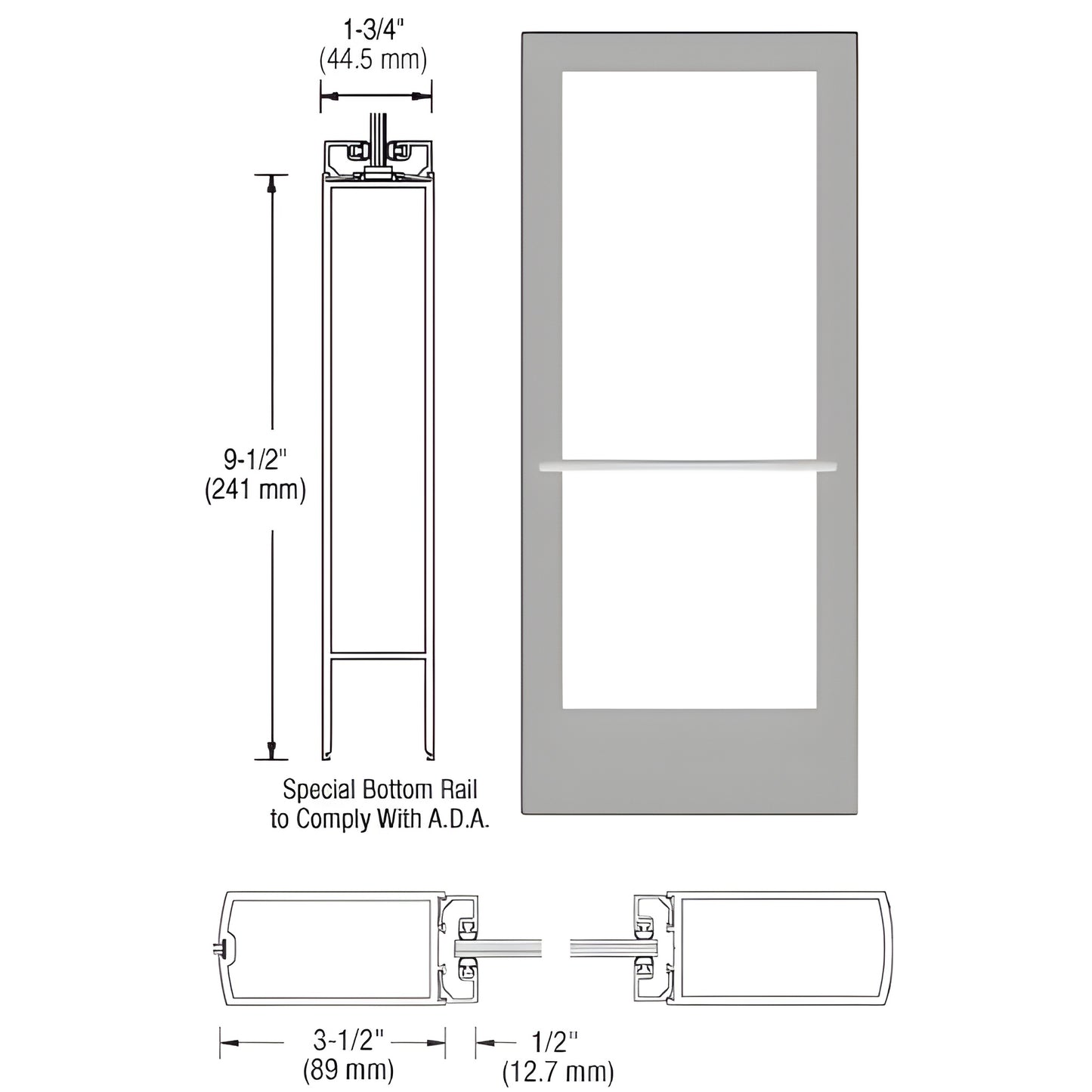 Standard medium stile entrance door SKU CD42711R136, clear anodized, 3-1/2" stiles, ADA 9-1/2" bottom rail, fits 1/4" glass