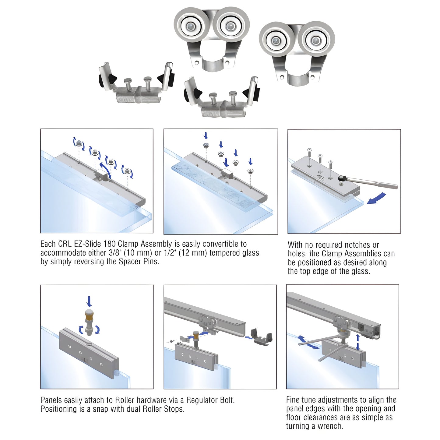 CRL3927 EZ Slide 180 top hung kit: two heavy rollers and two adjustable rubber stops for 3/8-1/2" tempered glass