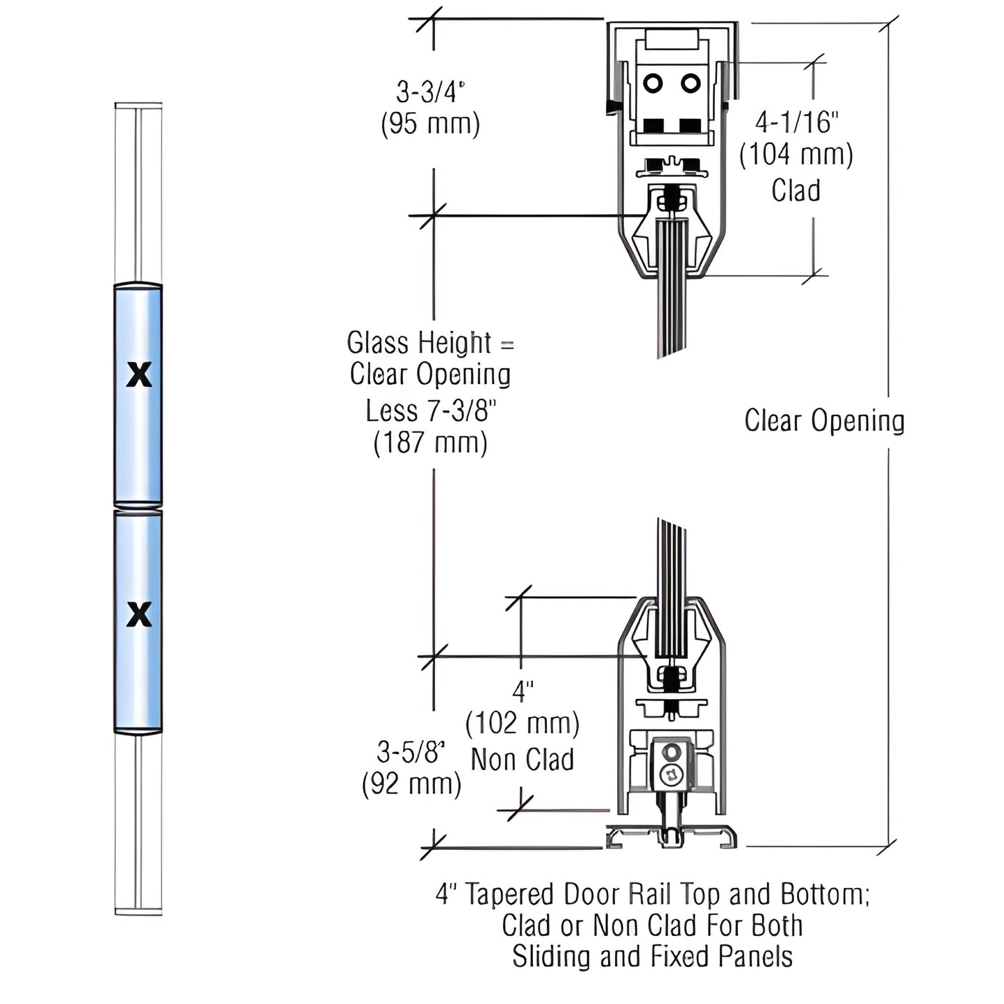 CRL SDR21BPS bottom-rolling sliding door system drawing with 4" tapered rails, polished stainless finish