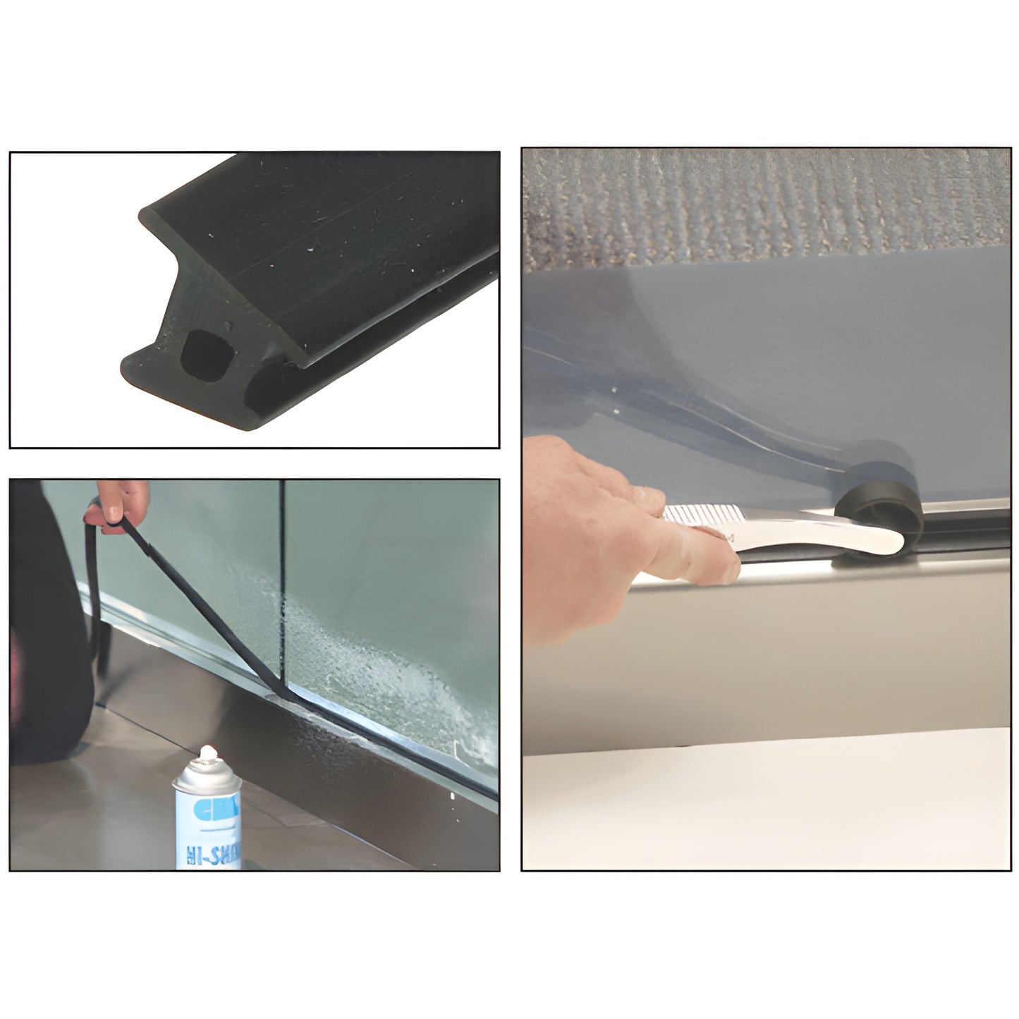 BSG500 black EPDM top rubber gasket for glass railing, profile close-up and hands rolling it into CRL base shoe.