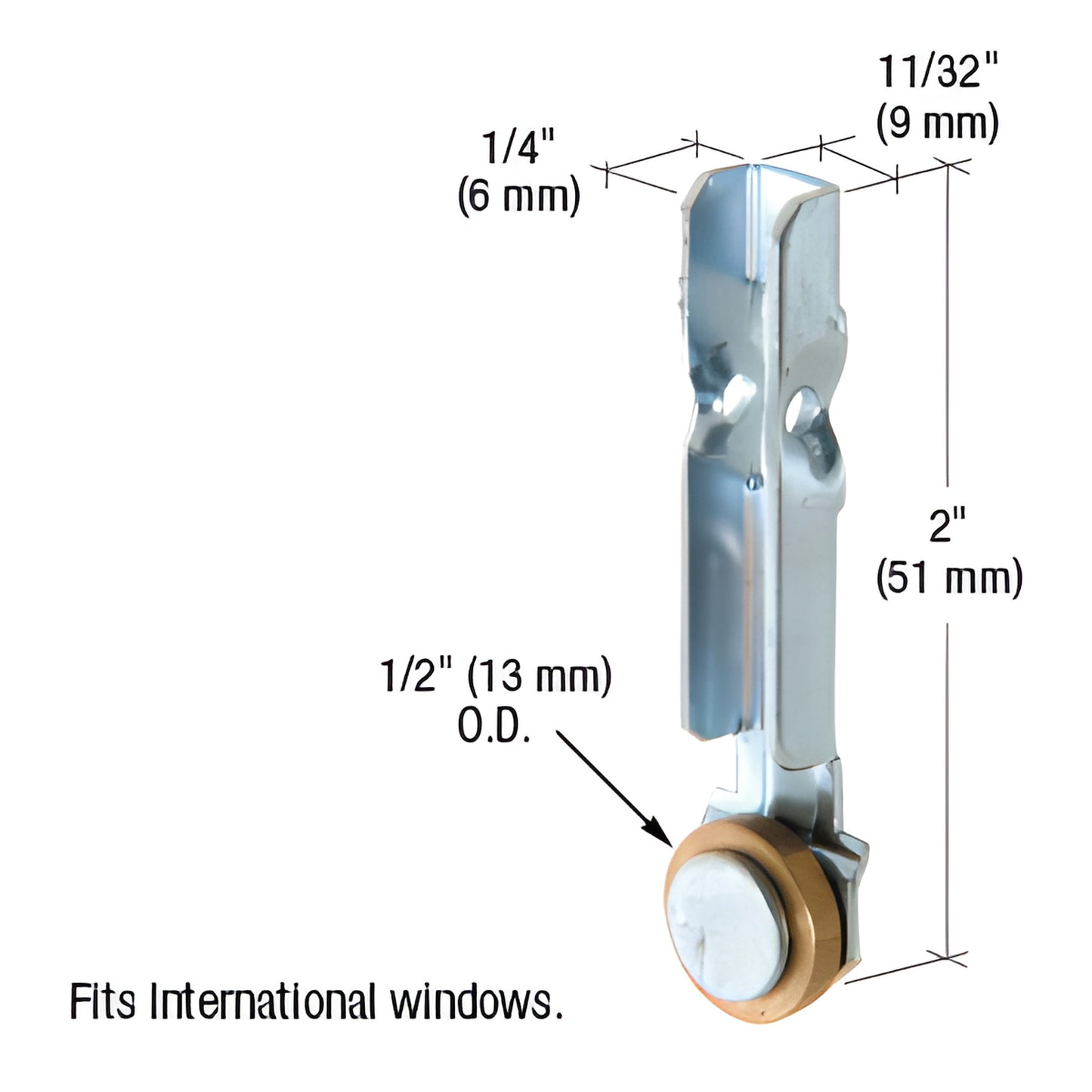 CRL G3156 2" stamped steel window roller assembly with 1/2" flat brass wheel, fits International windows.