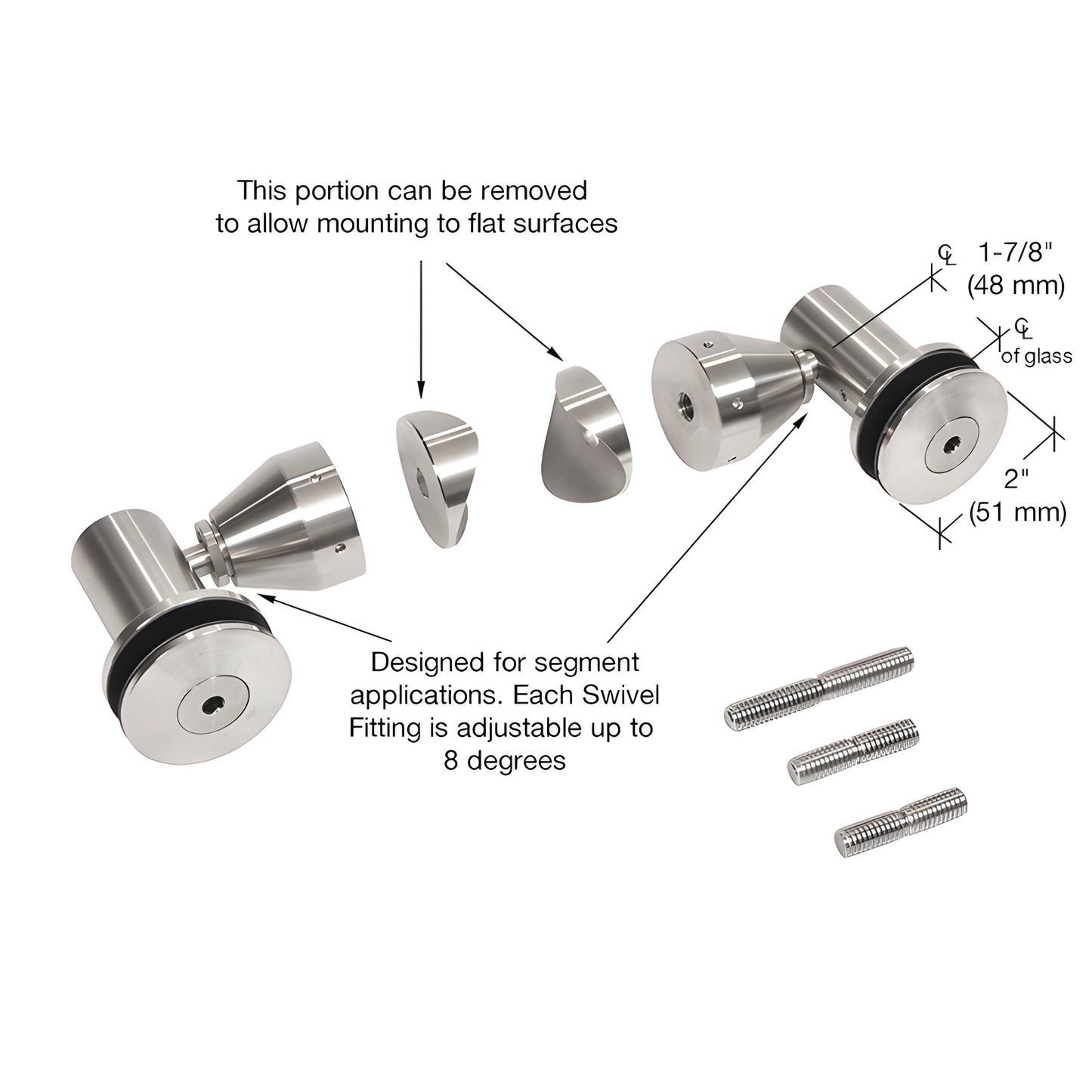 RB50SBS stainless double-arm glass fitting kit with studs and caps for 1/2" (12 mm) laminated tempered glass