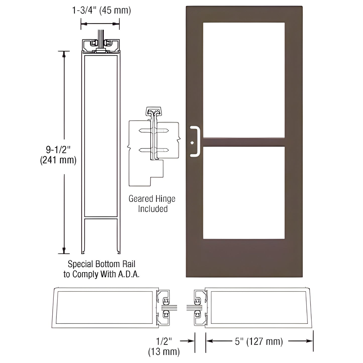 CZ51822 black bronze anodized wide-stile commercial entrance door with two glass panels, 9.5" ADA bottom rail, geared hinge.