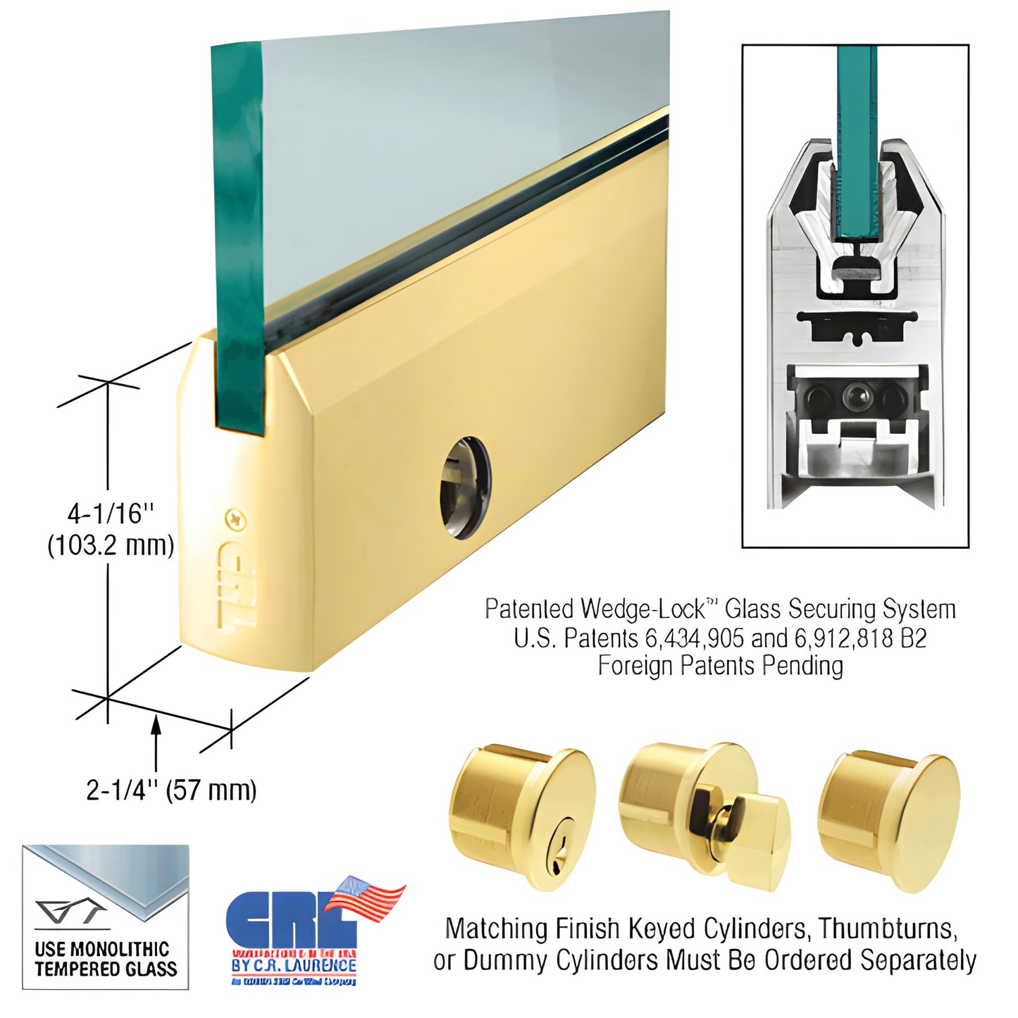 Polished brass CRL Wedge-Lock 4" door rail for 3/4" tempered glass with keyed cylinder option, SKU DR4TPB34CL