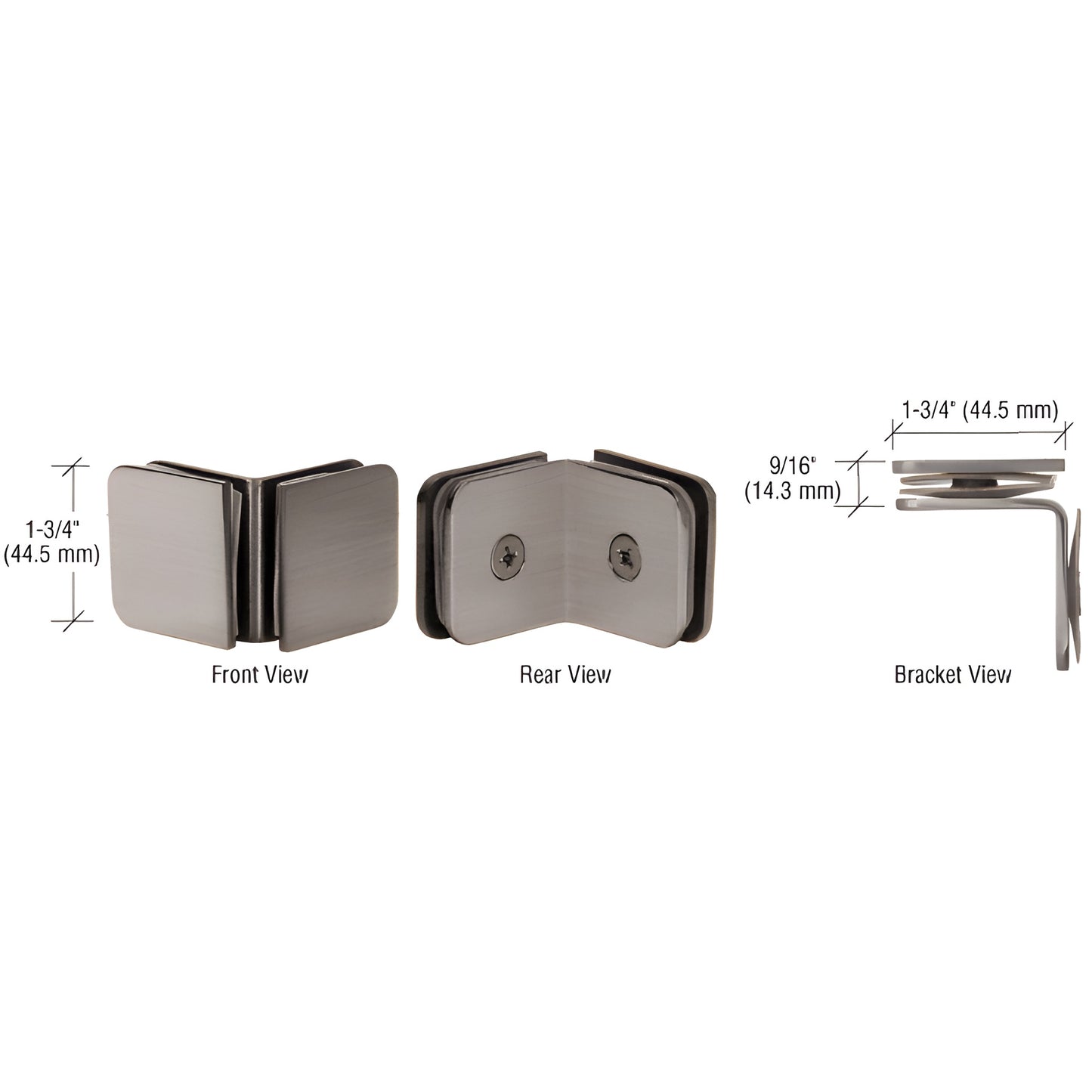Brushed nickel 90 solid brass glass-to-glass clamp for 1/4" (6mm) glass, GCB690BN - front, rear and bracket views.