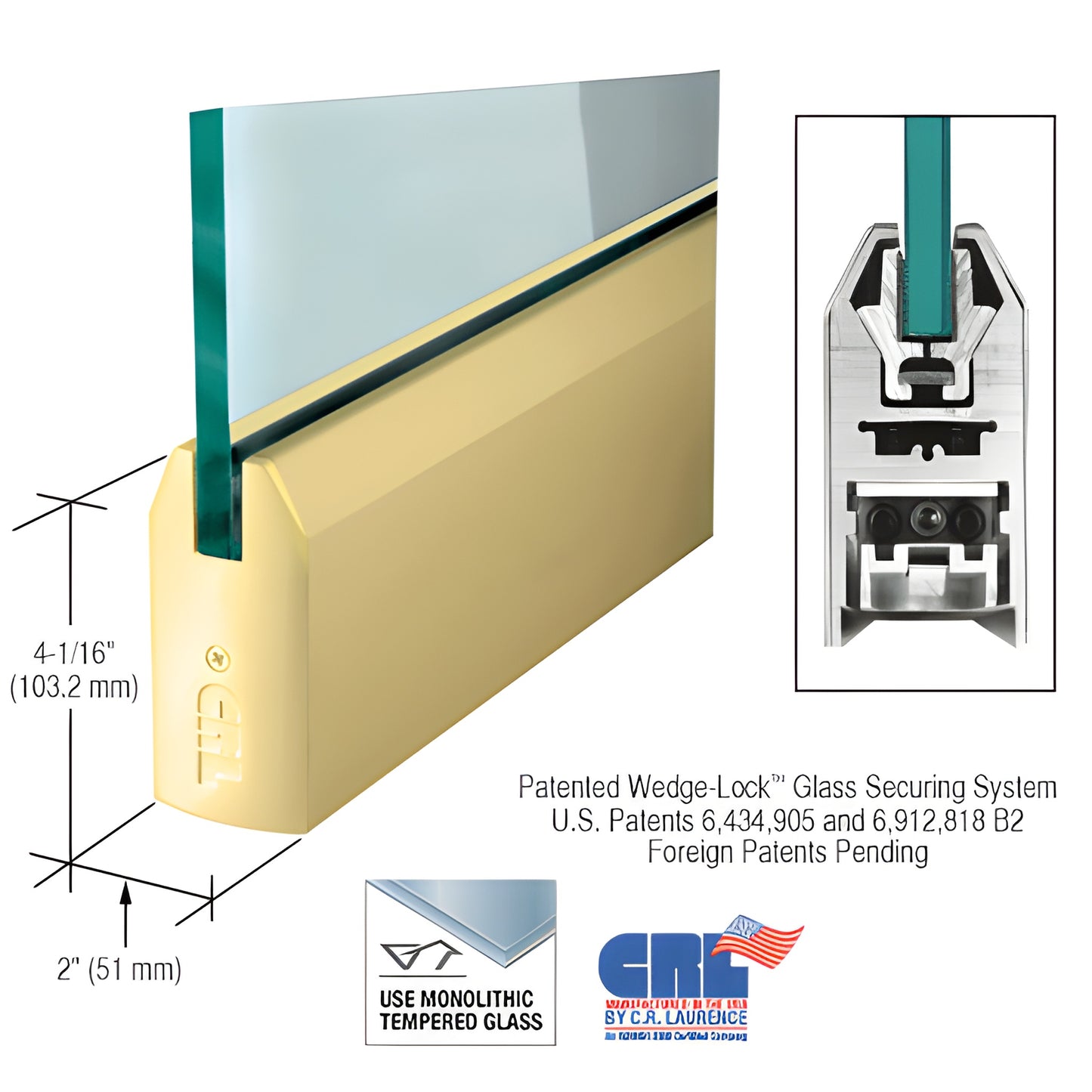 Satin brass 4" tapered door rail for 1/2" (12 mm) tempered glass, Wedge Lock securing system.