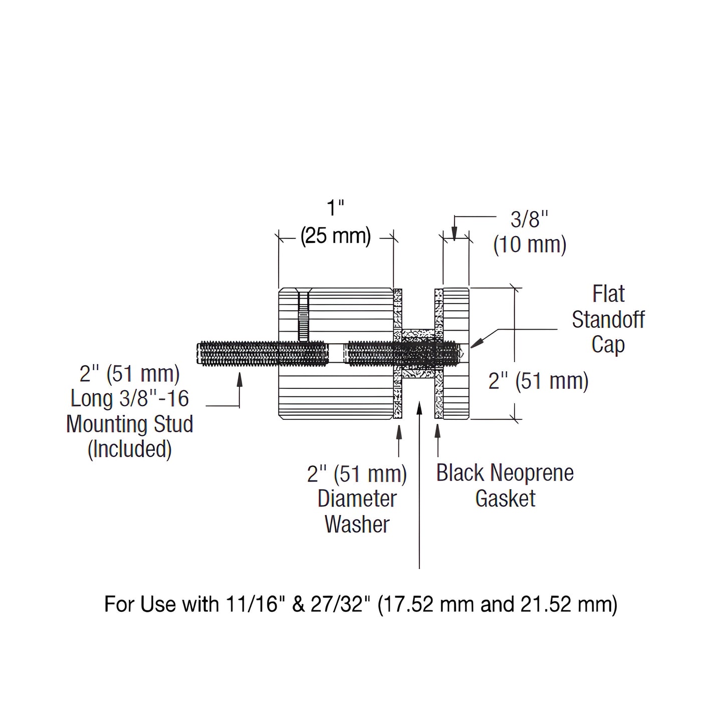 RS0B21BS 316 stainless brushed glass rail standoff base and cap, 2 in diameter with mounting stud