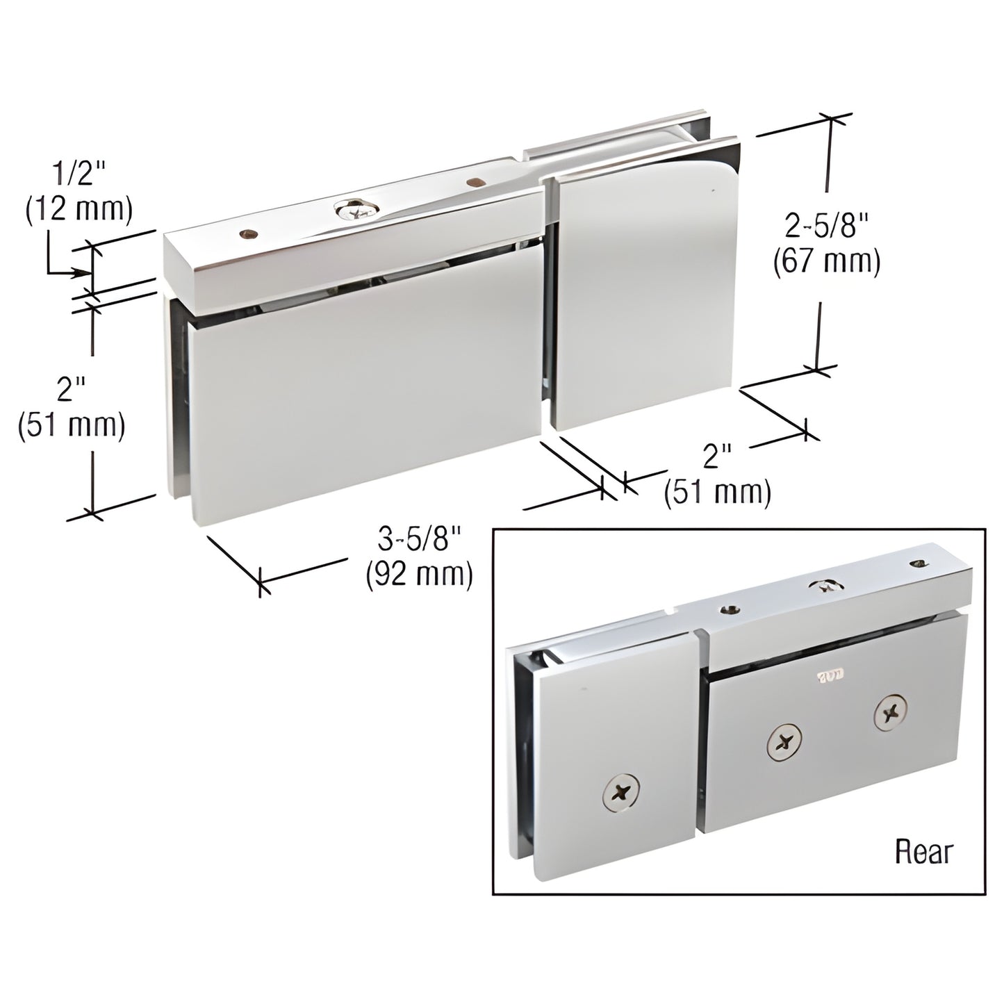 CAR07CH Cardiff polished chrome brass pivot hinge for 8-10mm tempered glass shower doors, squared design, self-centering.