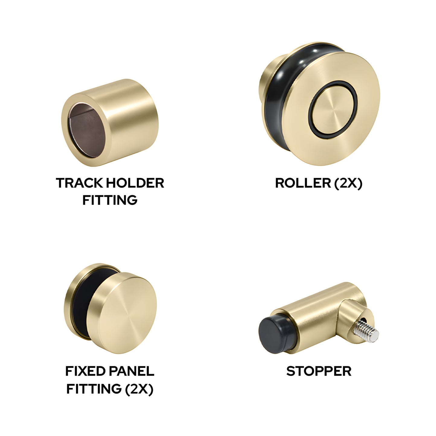 Brushed bronze stainless steel Colonia replacement hardware pack: rollers, fixed fittings, wall bracket, stopper.