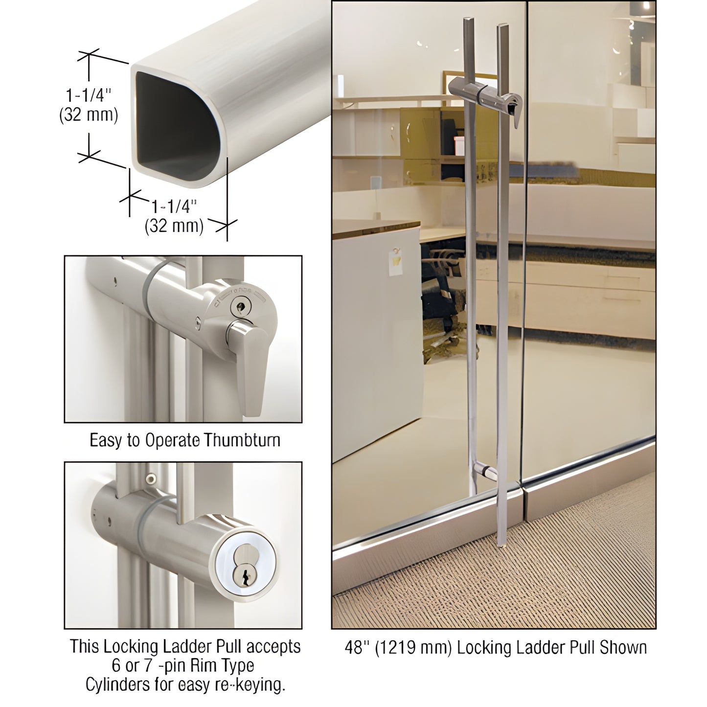 DLLPA48BS D-shape brushed stainless 48 in locking ladder pull for 1/2-3/4 in glass doors with thumbturn and cylinder