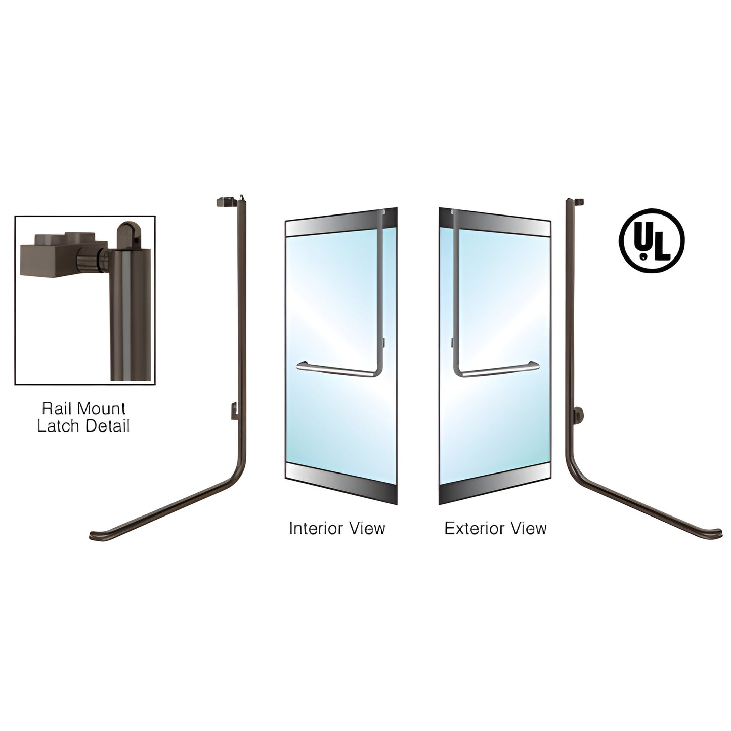 Oil-rubbed bronze tubular panic rail handle for glass doors, 1-1/4" dia, right-hand reverse, UL certified.