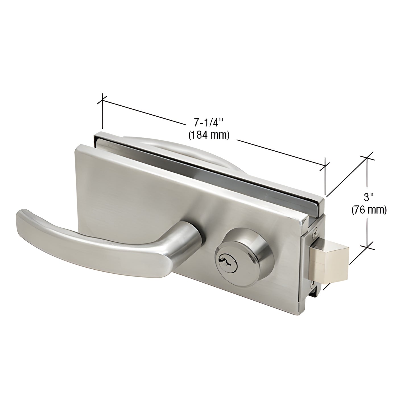 AMR900BS brushed stainless glass-mounted latch with back-to-back lever handles and keyed cylinder for 3/8-1/2" glass