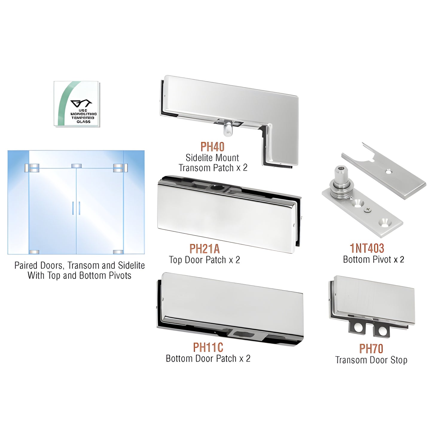 PHE8BS brushed stainless frameless glass double-door kit with sidelite/transom patches, top and bottom pivots