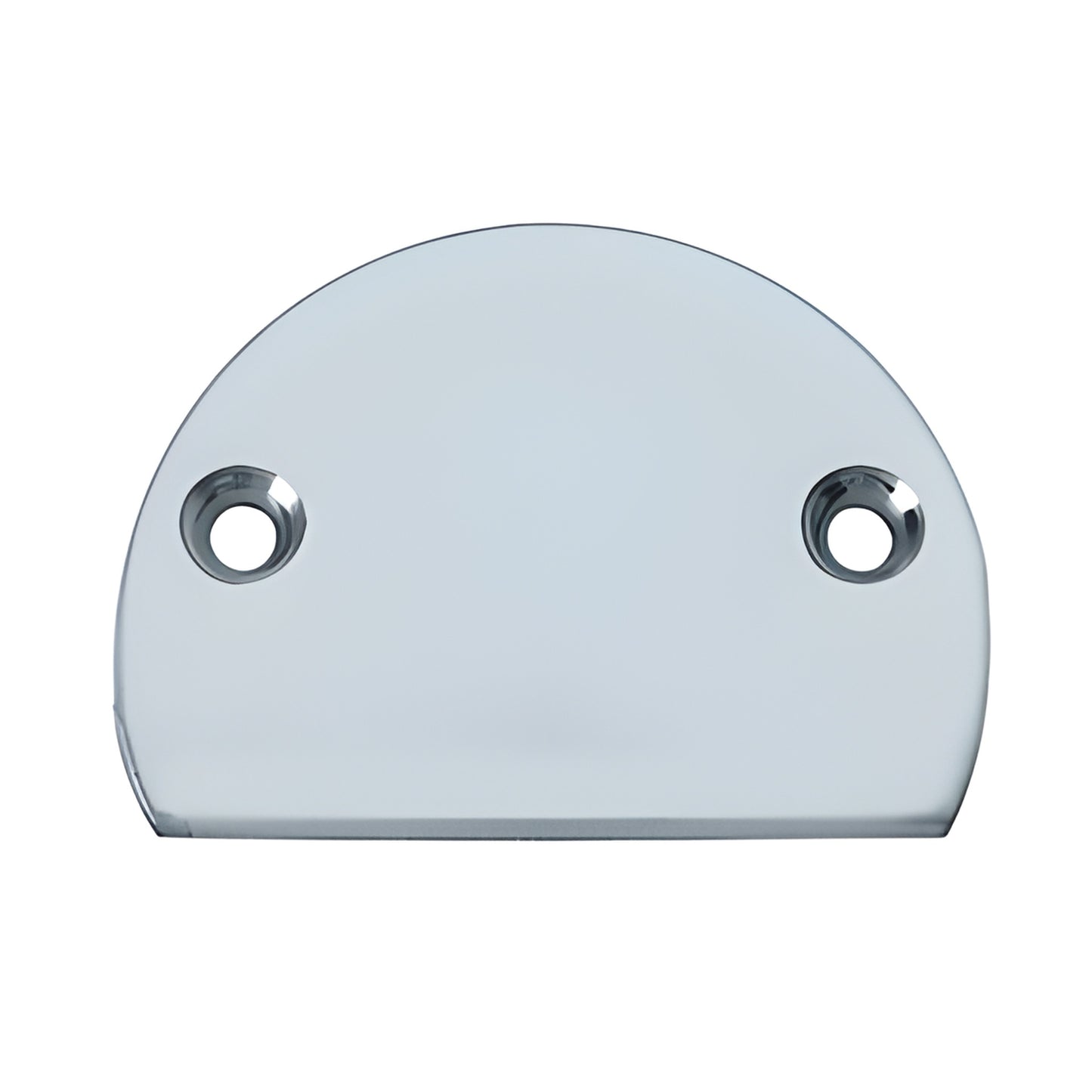 Mill-finish semicircular metal end cap (SKU 3XDECM) with two countersunk screw holes for 300X top rail