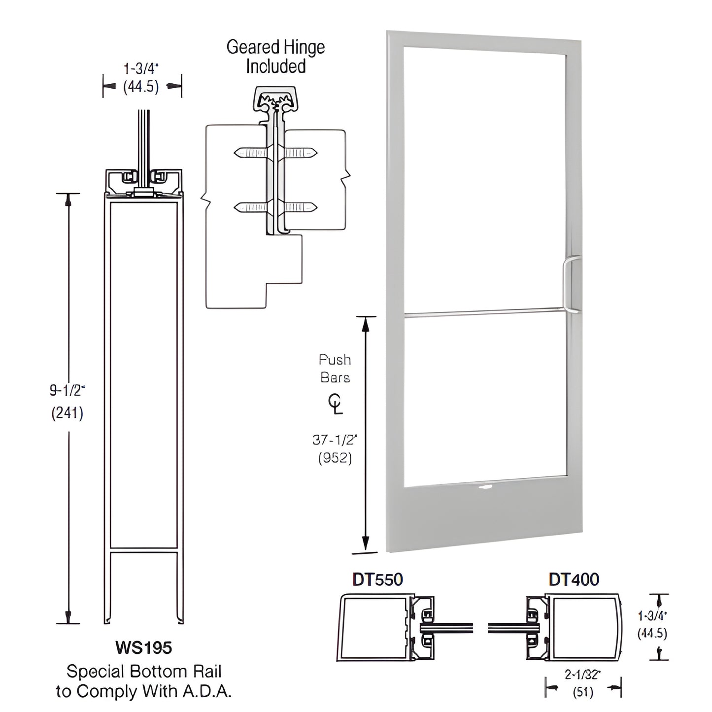Clear anodized 250 narrow stile exterior door (SKU CD22811R136) with 91 2" ADA bottom rail, push bar and glazing rails.