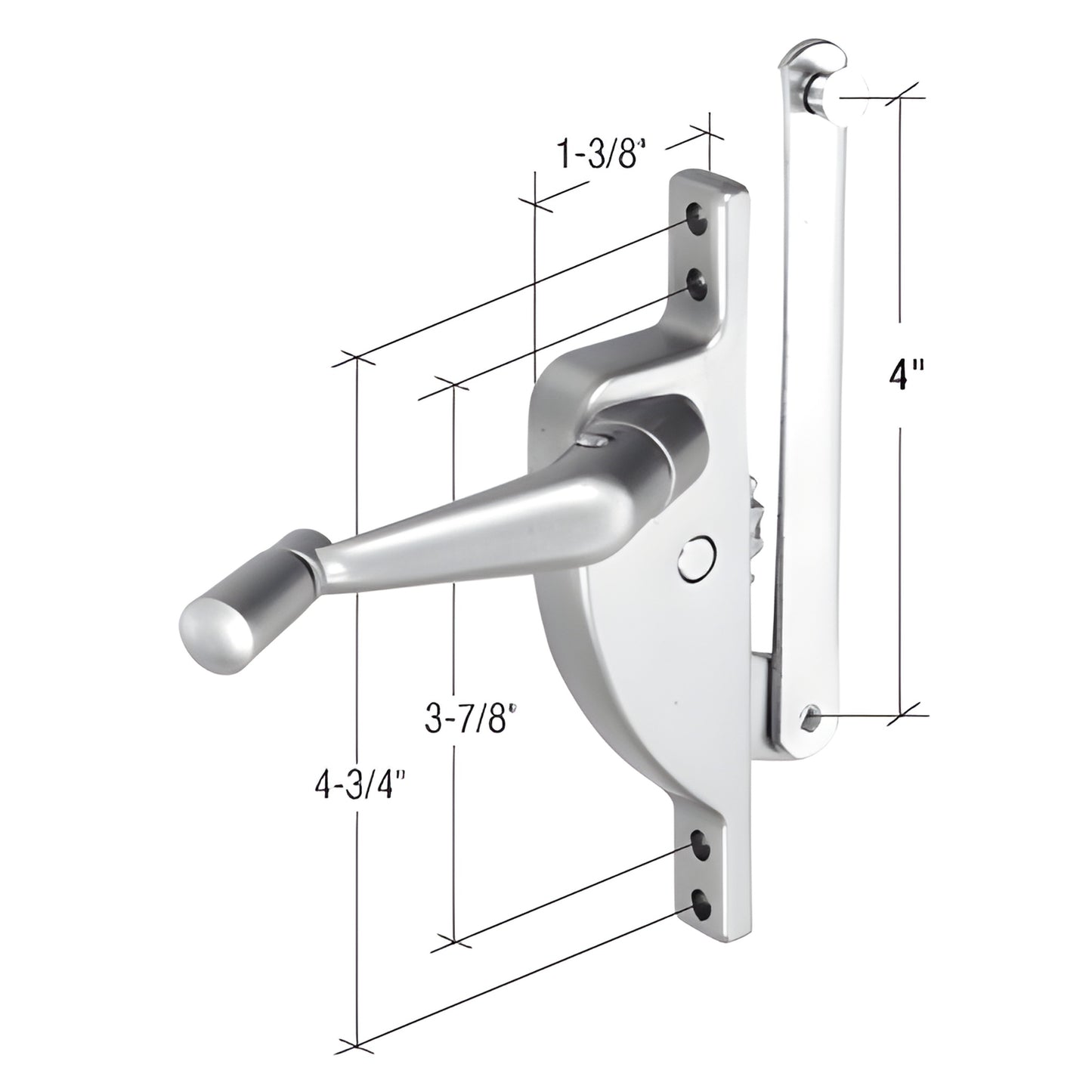 Aluminum diecast CRL jalousie window operator H3549, left-hand offset crank, 4-1/2" flat arm, 3-7/8" and 4-3/4" hole centers.
