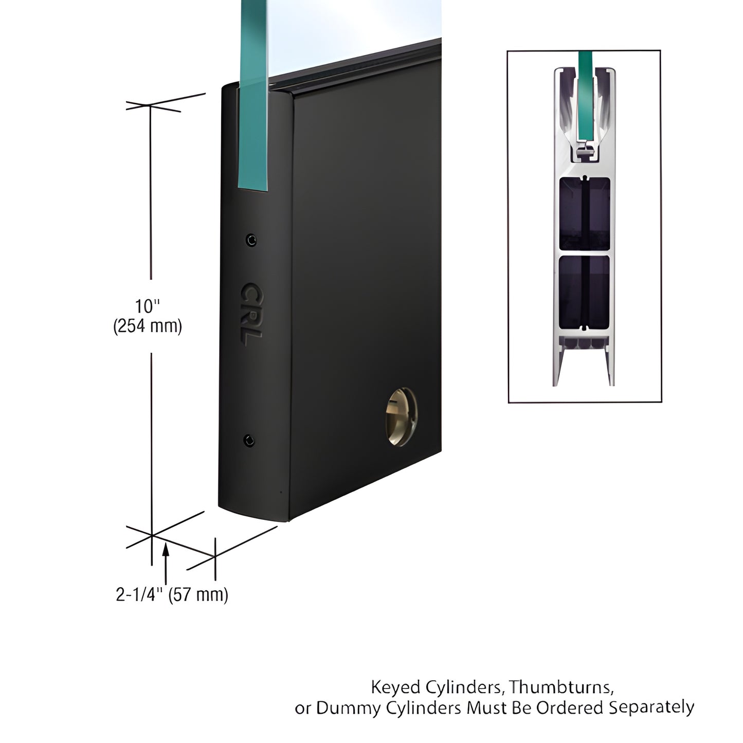 CRL Wedge-Lock matte black 35-3/4 in door rail for 1/2 in glass, 10 in high, cylinder hole - SKU DR10SMBL12SL