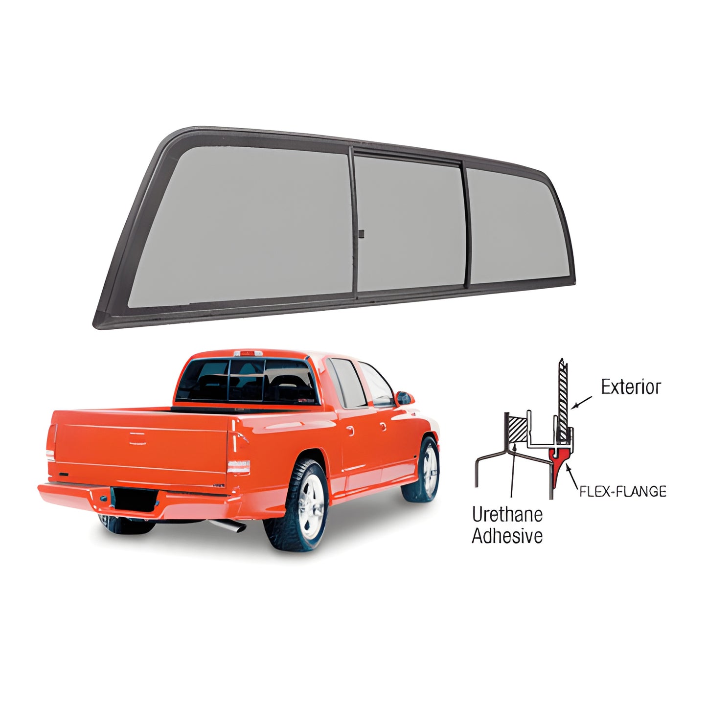 ECT410S CRL tri-vent truck slider for Dodge Dakota (1997-2019), solar glass, flexible flange, bonded urethane frame.