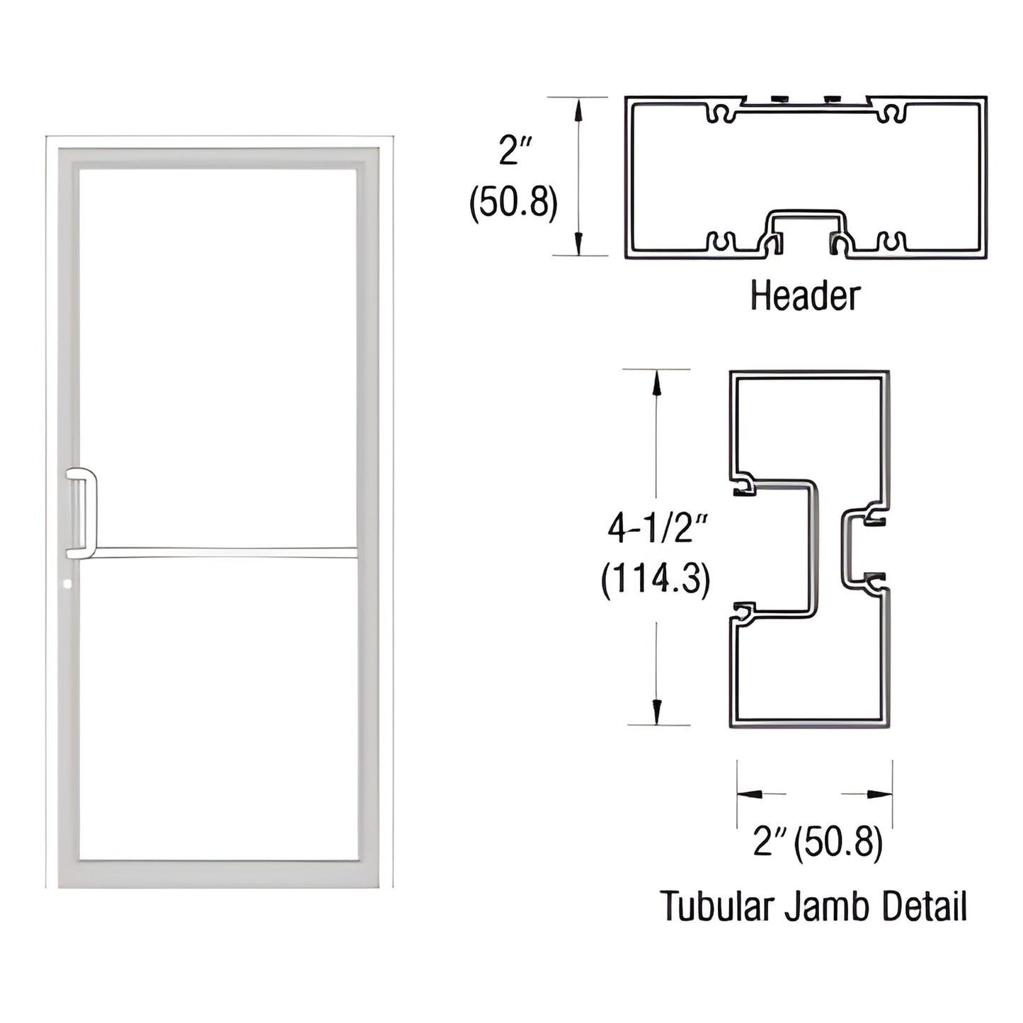 FR71552 white aluminum commercial door frame with threshold and tubular jamb/header cross-section diagrams.