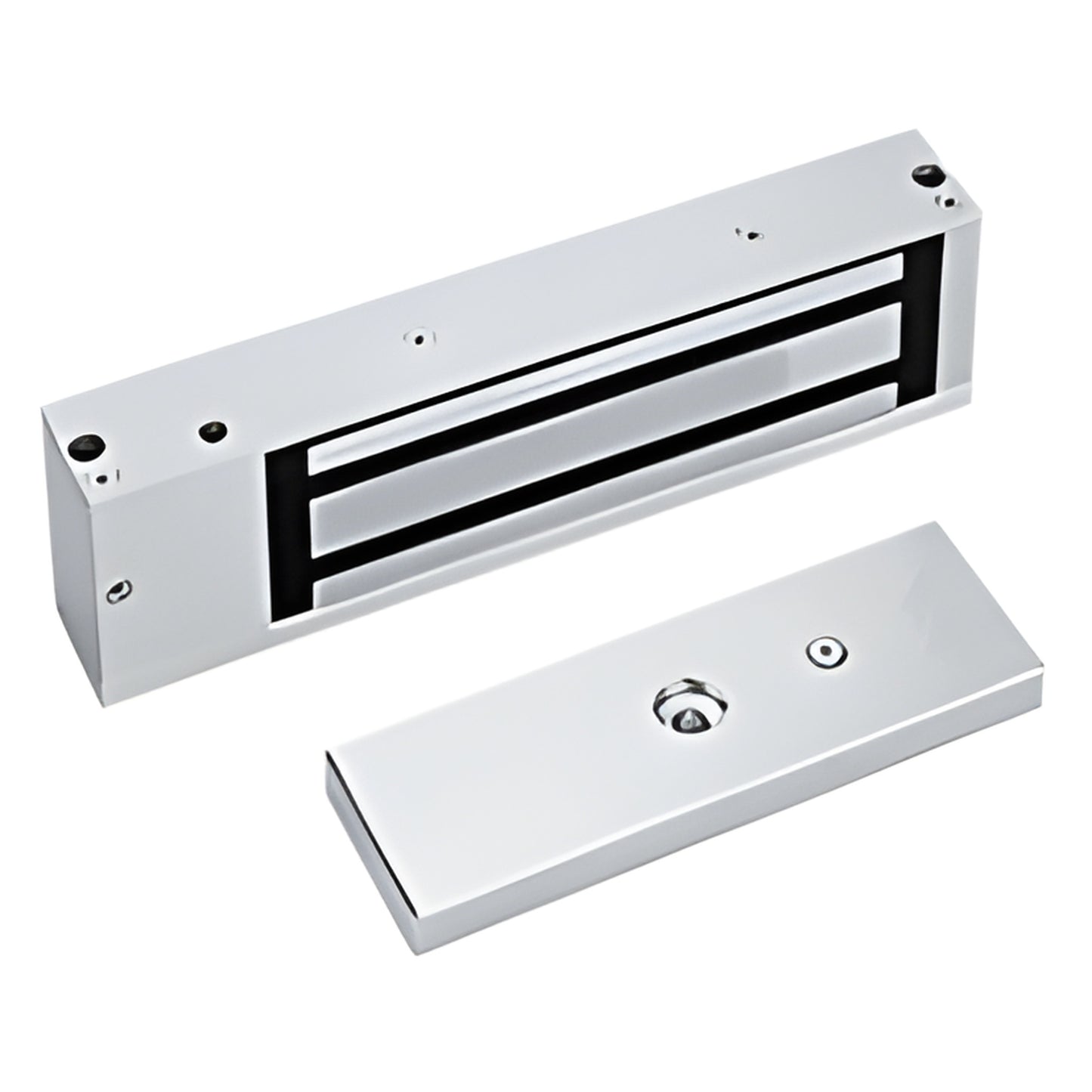 MLST1200U electromagnetic door lock - brushed aluminum single-magnet unit with matching armature plate, commercial grade.