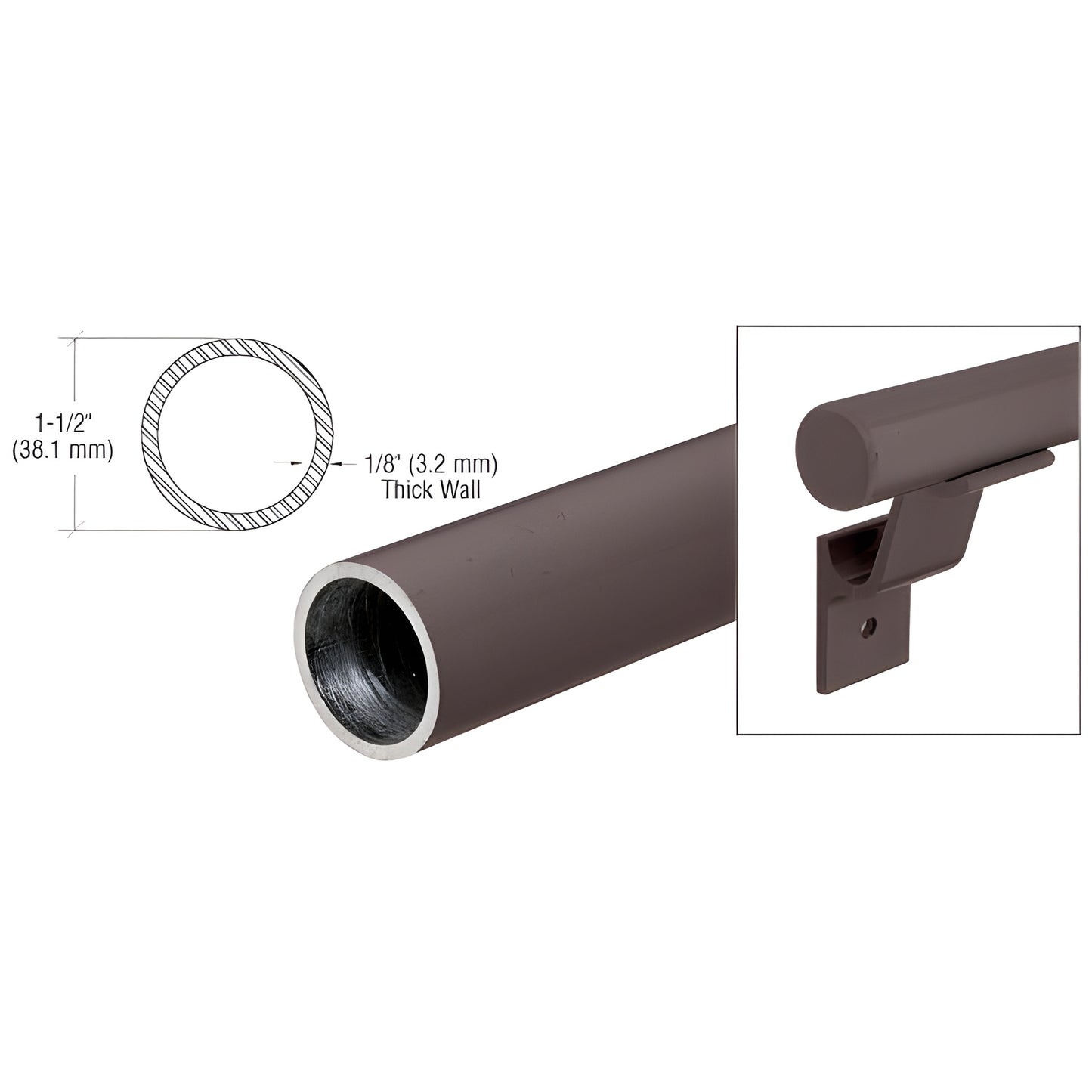 ARHR15BRZ 1-1/2 in matte-bronze aluminum handrail tubing, 3.2 mm wall, 241 in (20'-1") stock length