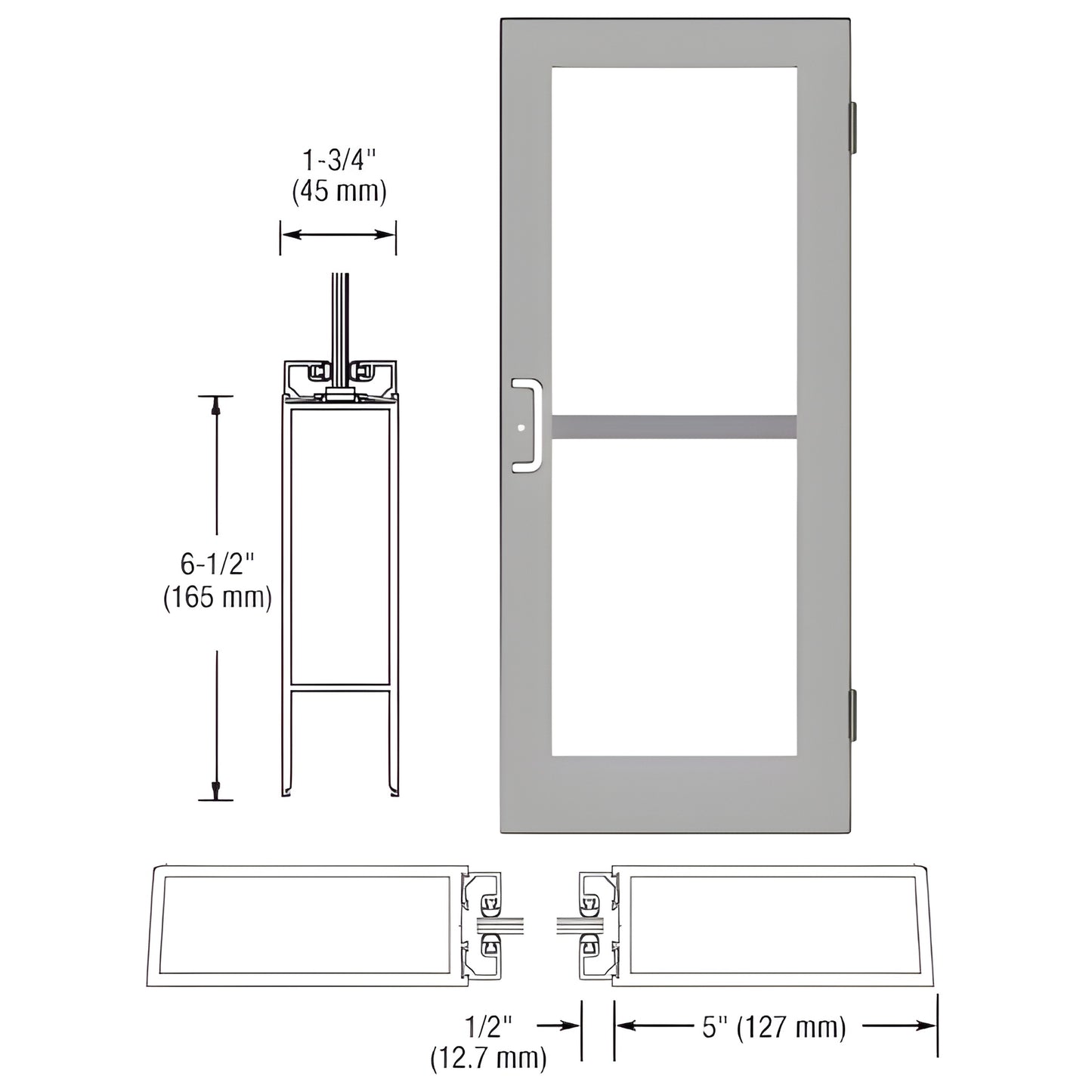 DZ51511 clear anodized commercial glass entrance door, wide 5" stiles, includes panic pull and hanging hardware.