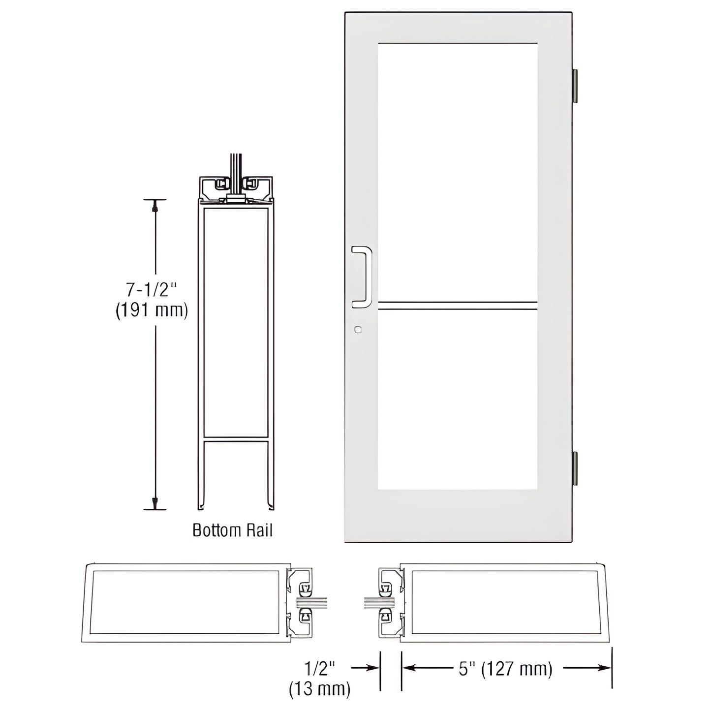 White Kynar custom wide-stile commercial entrance door SKU HE51552 - 5" stiles, 7.5" bottom rail, glass-ready