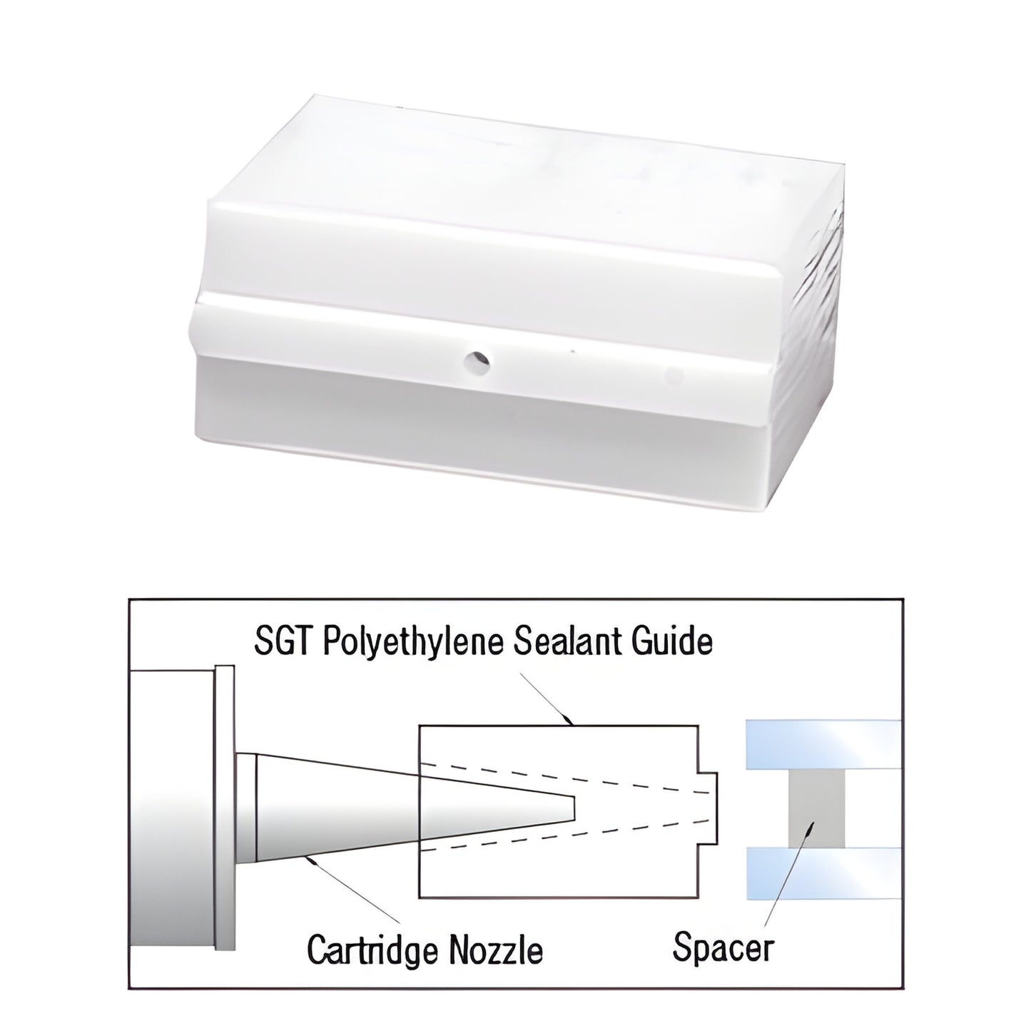 White polyethylene sealant guide SGT316, 3/16" nozzle adapter for insulating glass sealant, push-on tapered fit.