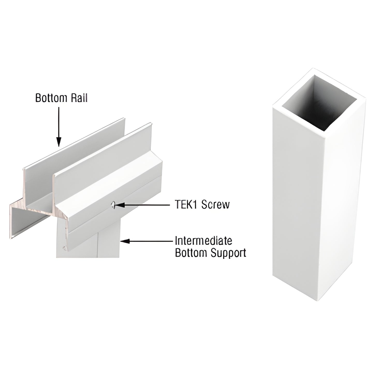 SKU 1BSW sky-white 12 in aluminum intermediate bottom support for railing, shown with bottom rail and TEK1 screw