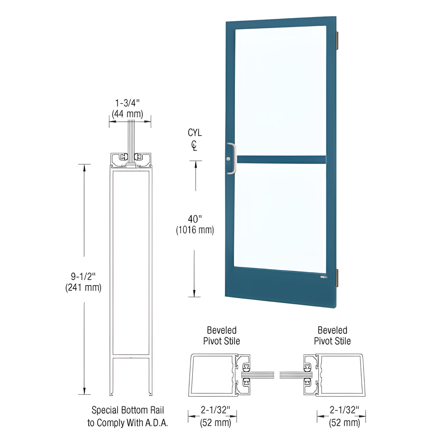 CRL CZ21571 narrow stile commercial entrance door in custom Kynar, 2 in stiles, ADA 91 2 in bottom rail, fits 1/4 in tempered g