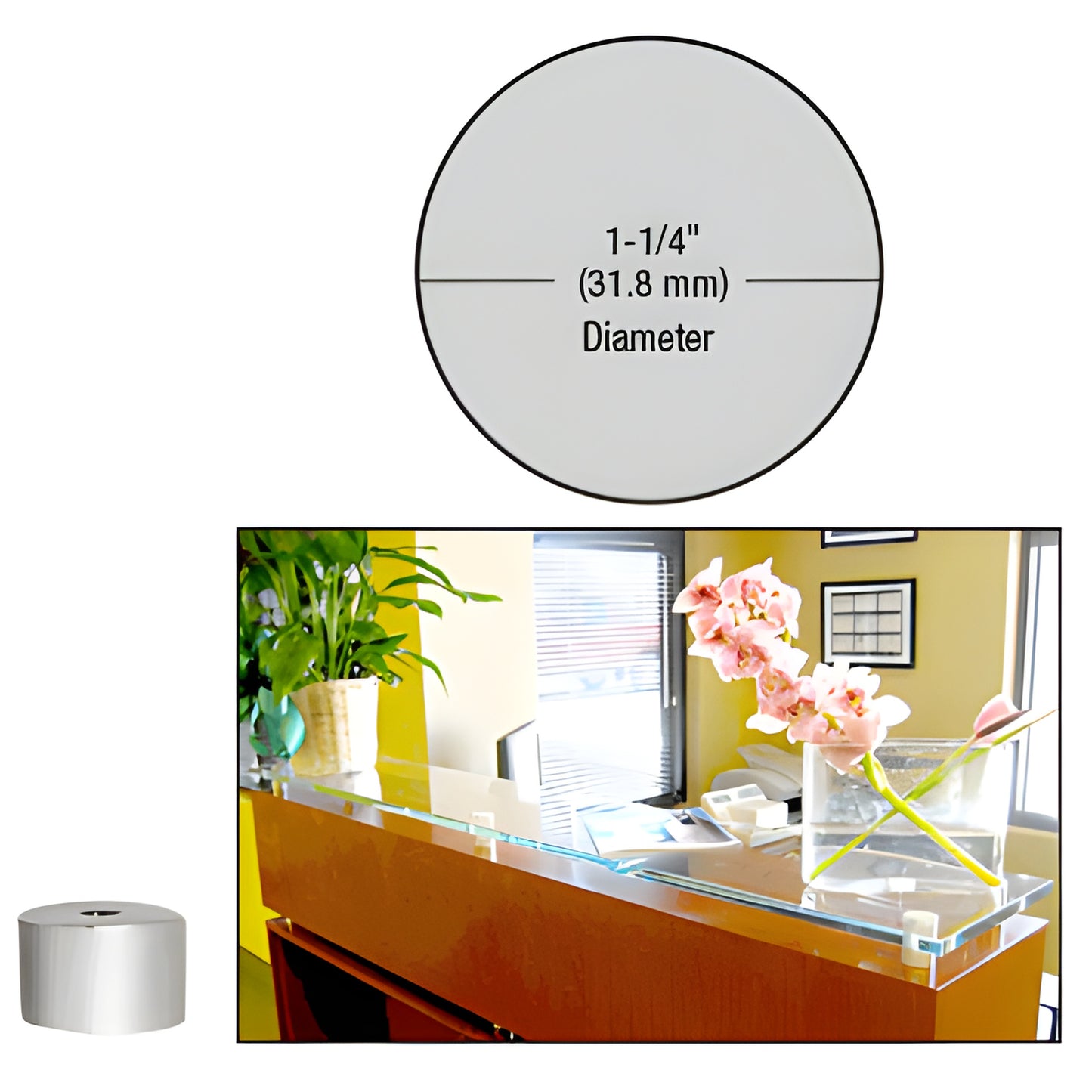 Satin chrome 1-1/4" brass standoff base for glass panels, SKU S0B11434SC