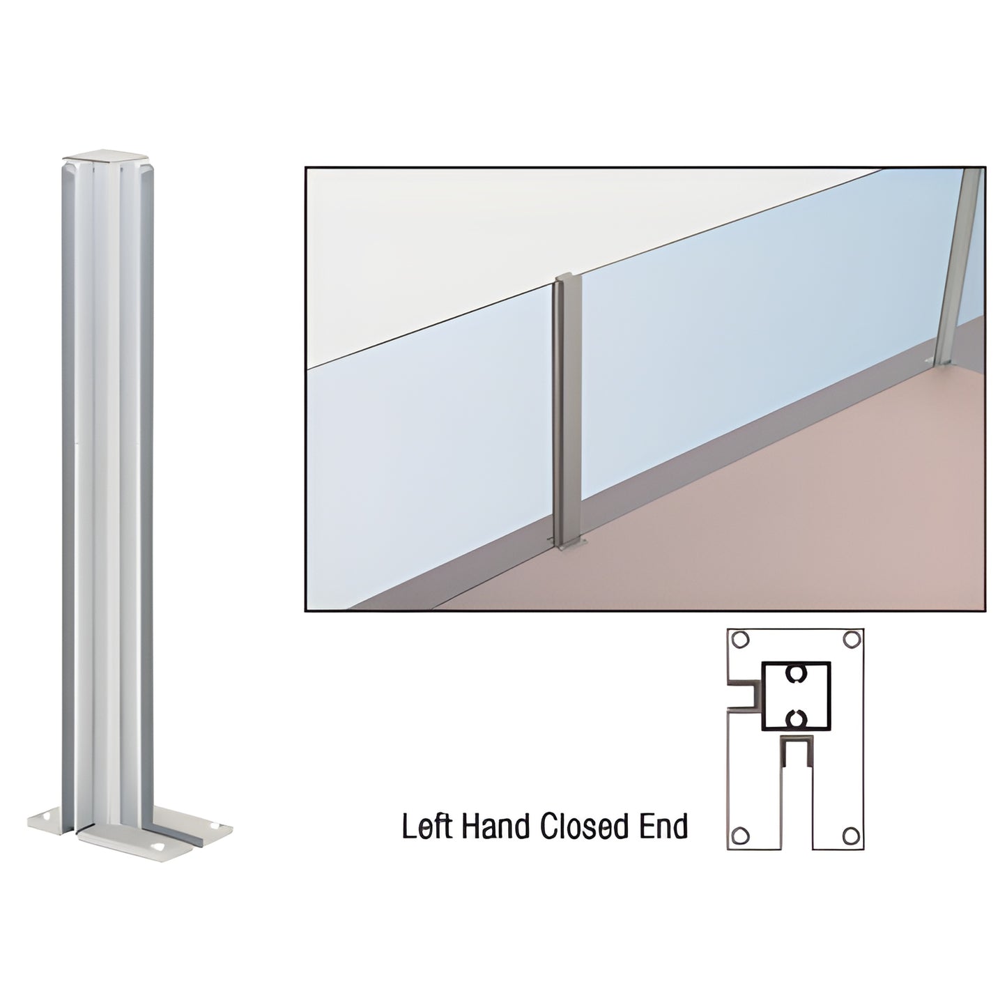 Satin anodized aluminum 36 in partition post, left hand closed end, U channel for 1/4 in glass, pre drilled base. SKU D992A36