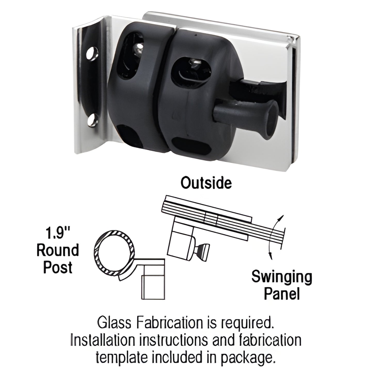 Polished stainless steel round-post gate latch (SKU MLSP5PS) for 1/2" tempered glass out swinging pool/commercial gates