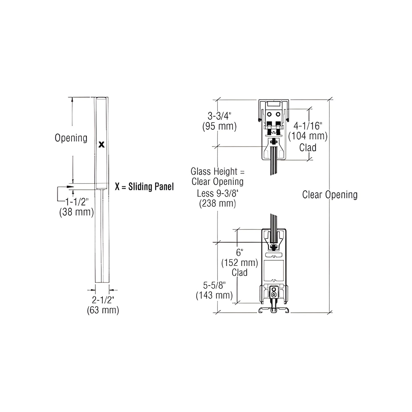 Technical drawing: CRL SDR bottom-rolling sliding door SKU 6SDR1ABL, cross-sections with 4 in top and 6 in bottom rails, dime