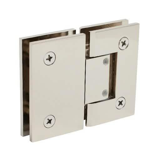 CRL Polished Nickel Geneva 380 Glass-to-Glass Hinge, adjustable 180°, sleek and durable de