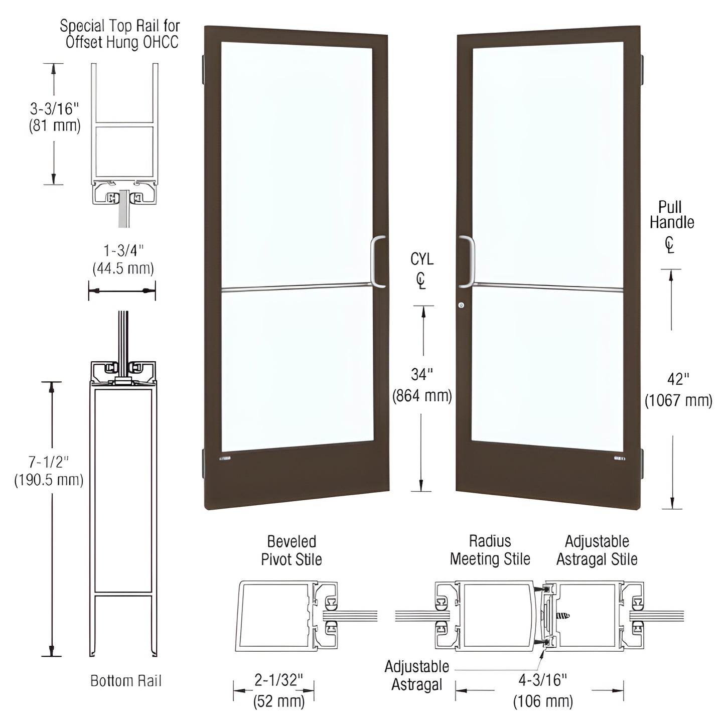 SKU HE22422 - Black Bronze narrow-stile aluminum entrance door with 1/4" tempered glass, 7-1/2" bottom rail.