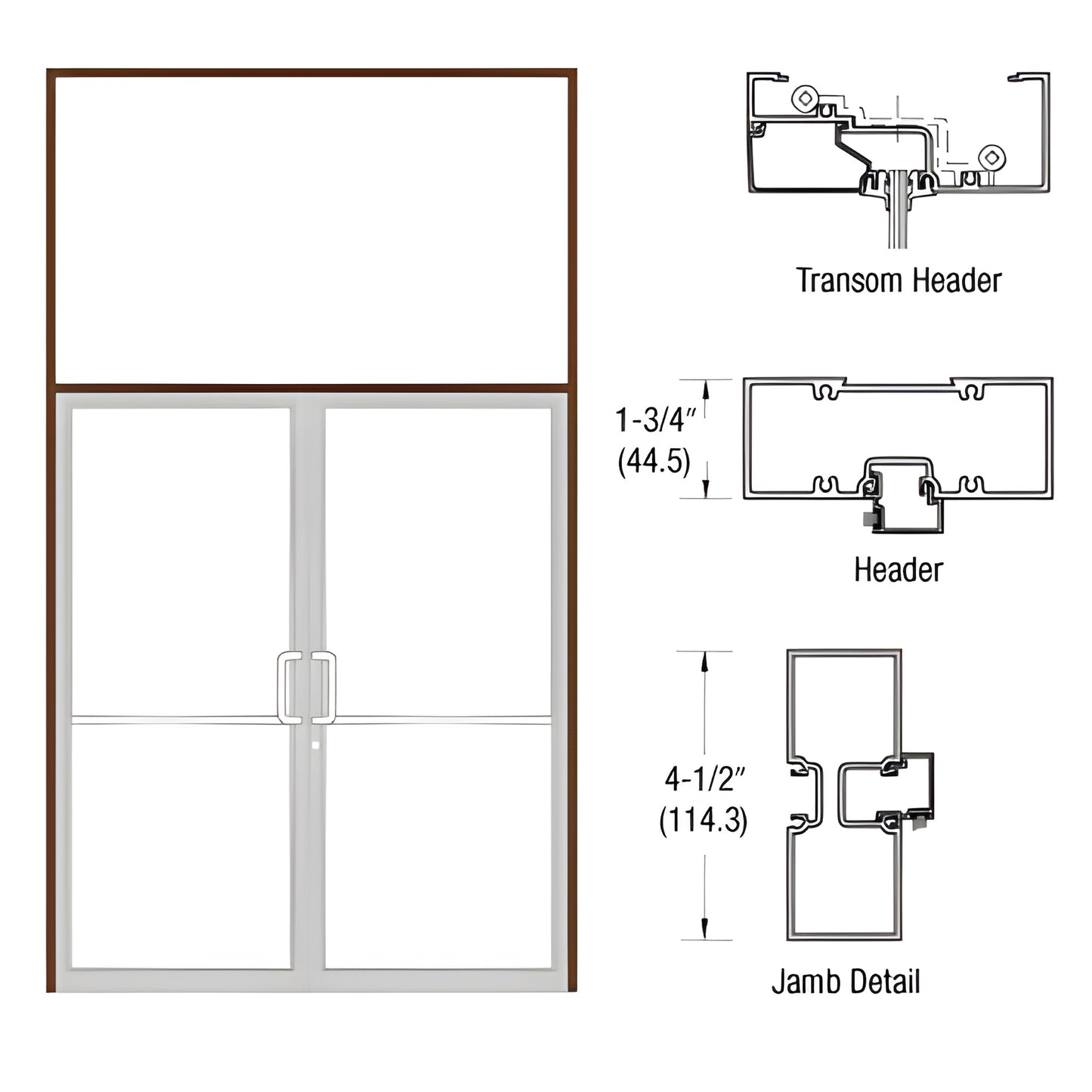 Black bronze anodized aluminum transom frame for 72 84 double butt-hinge doors; header and jamb details.