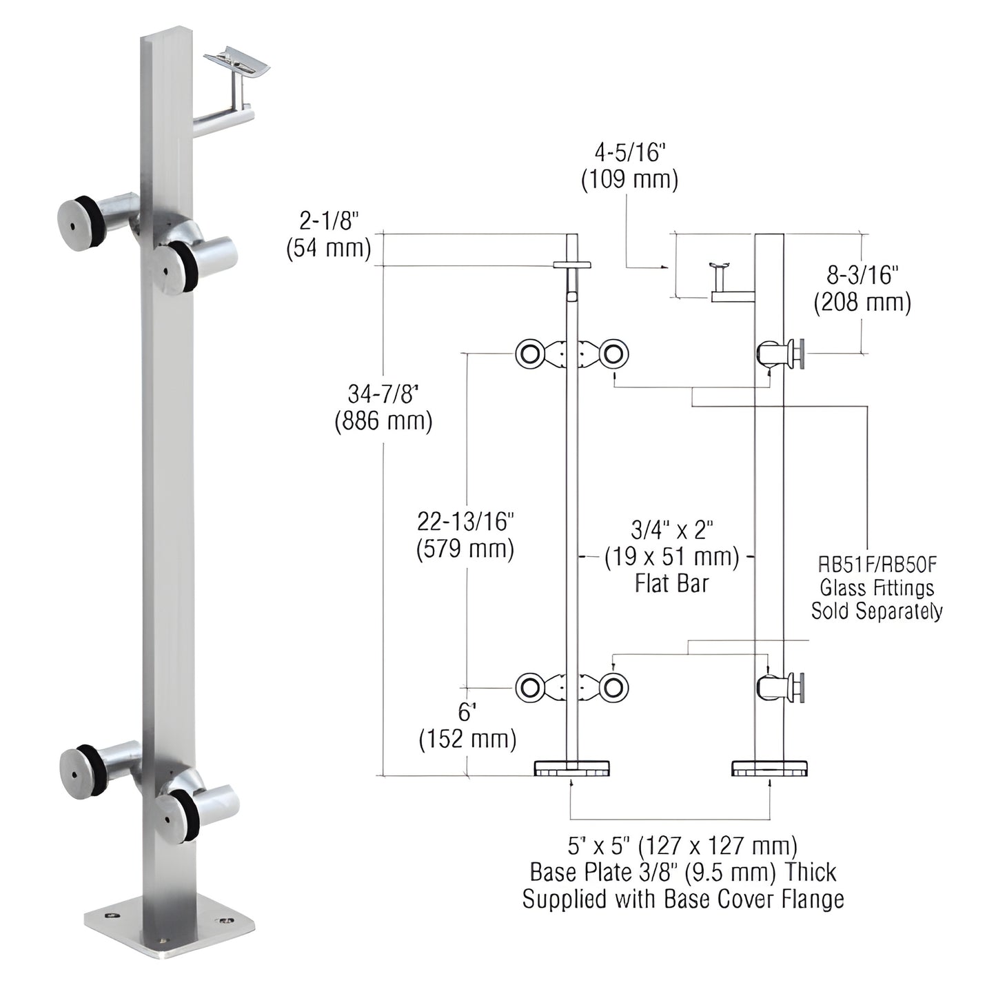 CRL P3 stainless steel surface-mounted glass railing post (SKU P336CBSC), 36 in. tall flat bar with 5x5 in. base, brushed fin