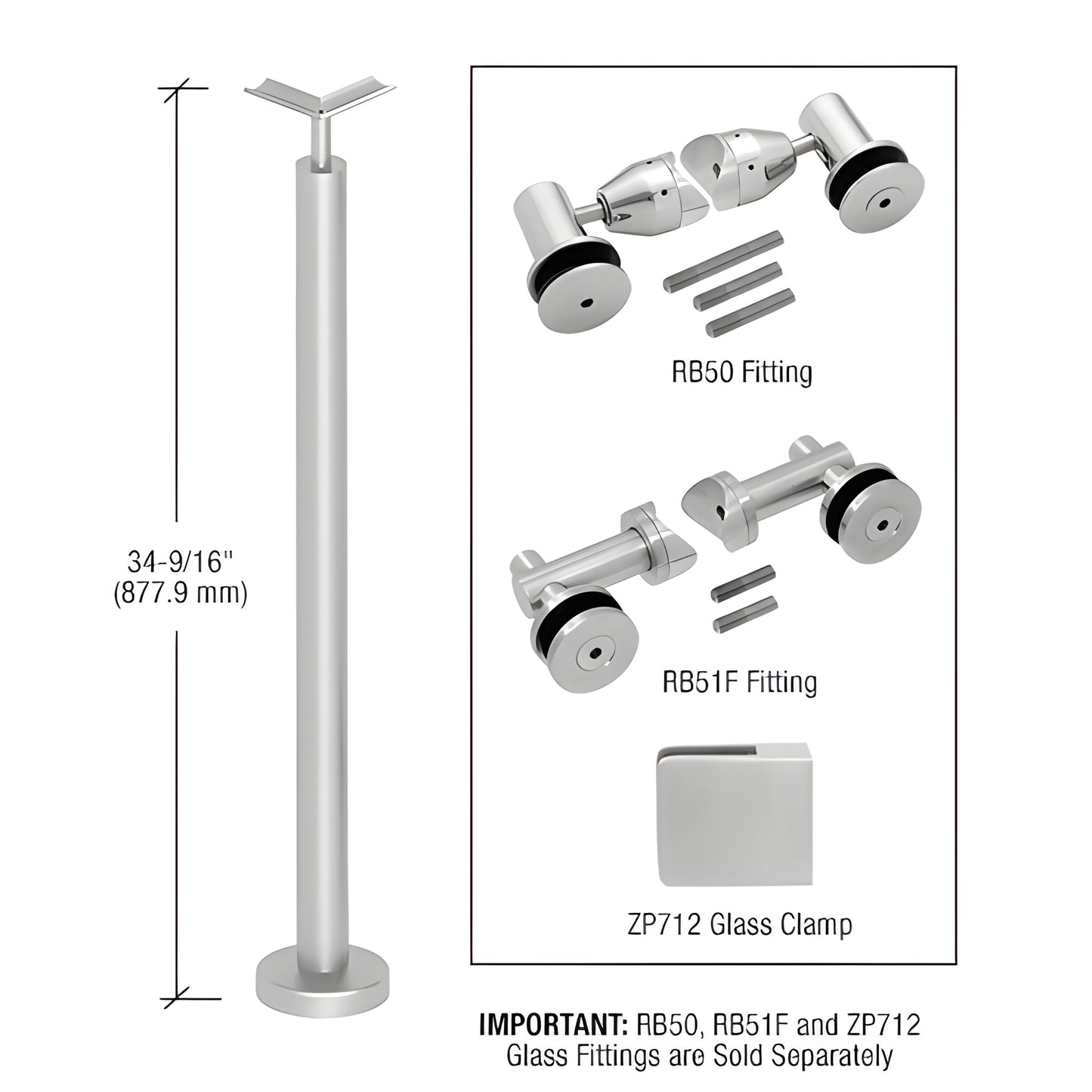 P7F36LBS stainless steel surface-mounted post railing kit - 34-9/16" tall post with base plate, top saddle; brushed finish