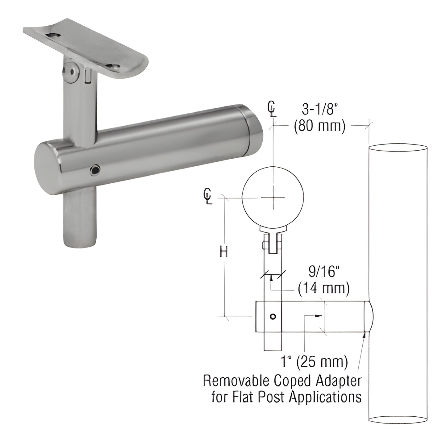 HR2JPBS 316 stainless 3-way adjustable post-mounted handrail bracket, brushed finish; fits 1.5-2" tubing